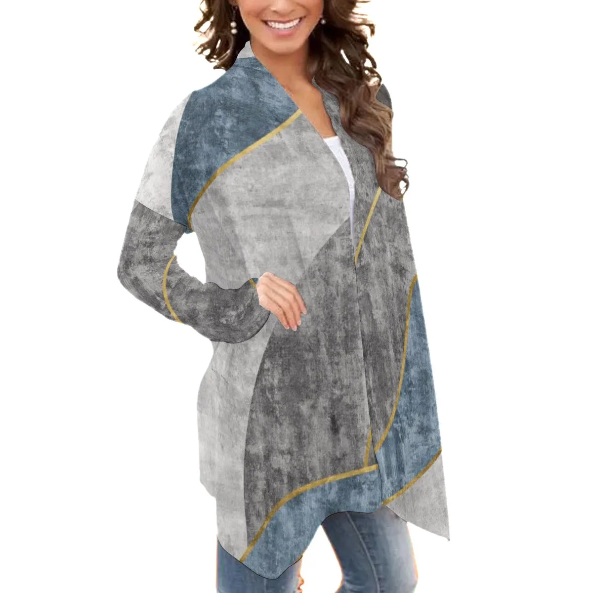 13All-Over Print Women's Cardigan With Long Sleeve gray and blue print