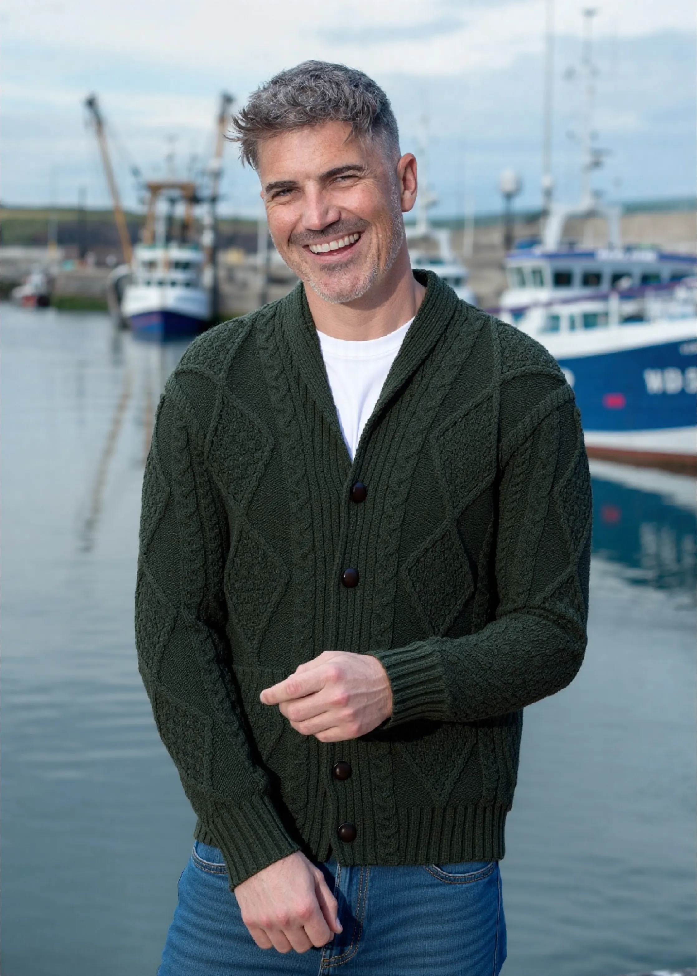 Aran Men's Shawl Button Cardigan | Army Green