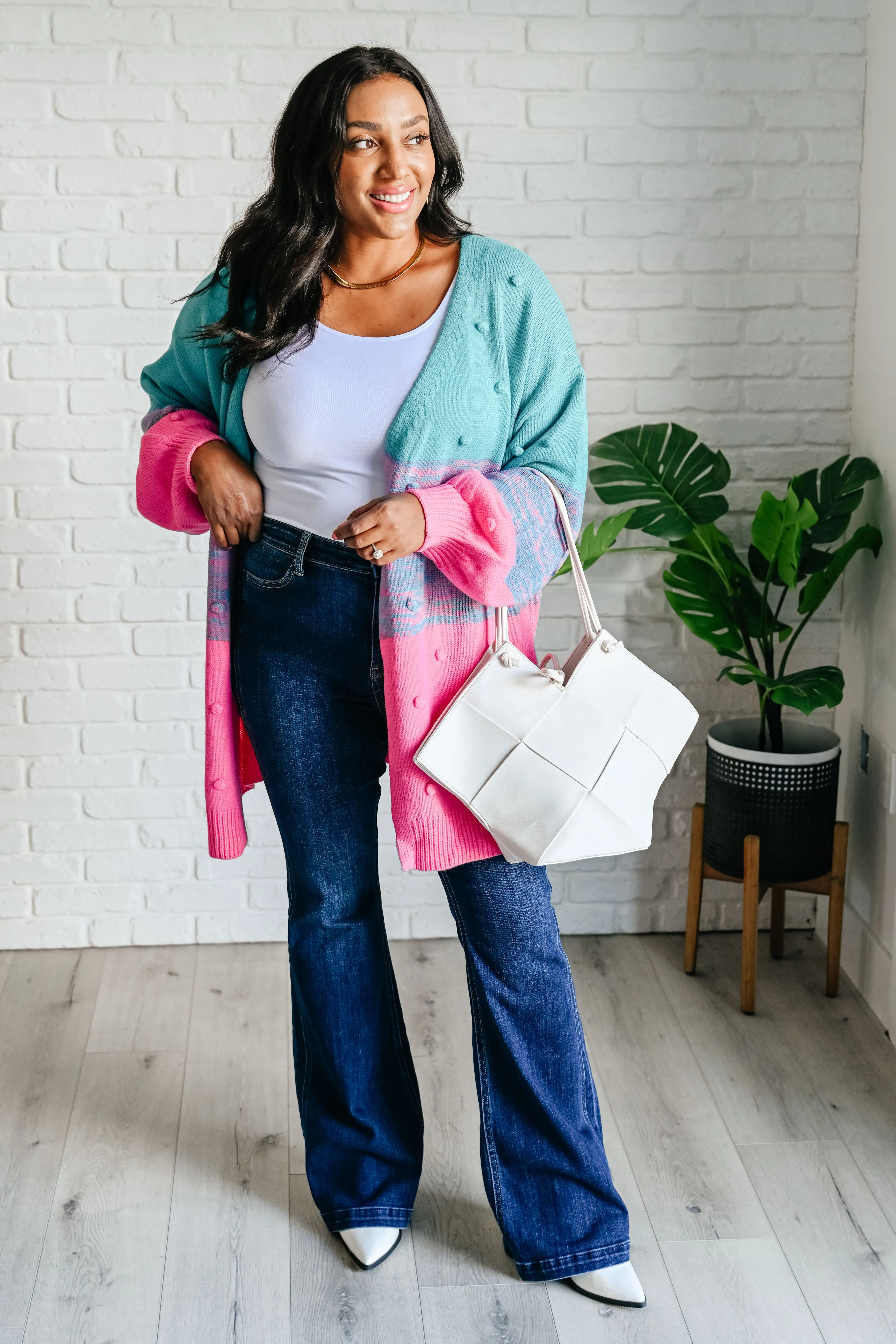 BiBi Turquoise &  Pink Pompom When We're Grooving Open Front Cardigan