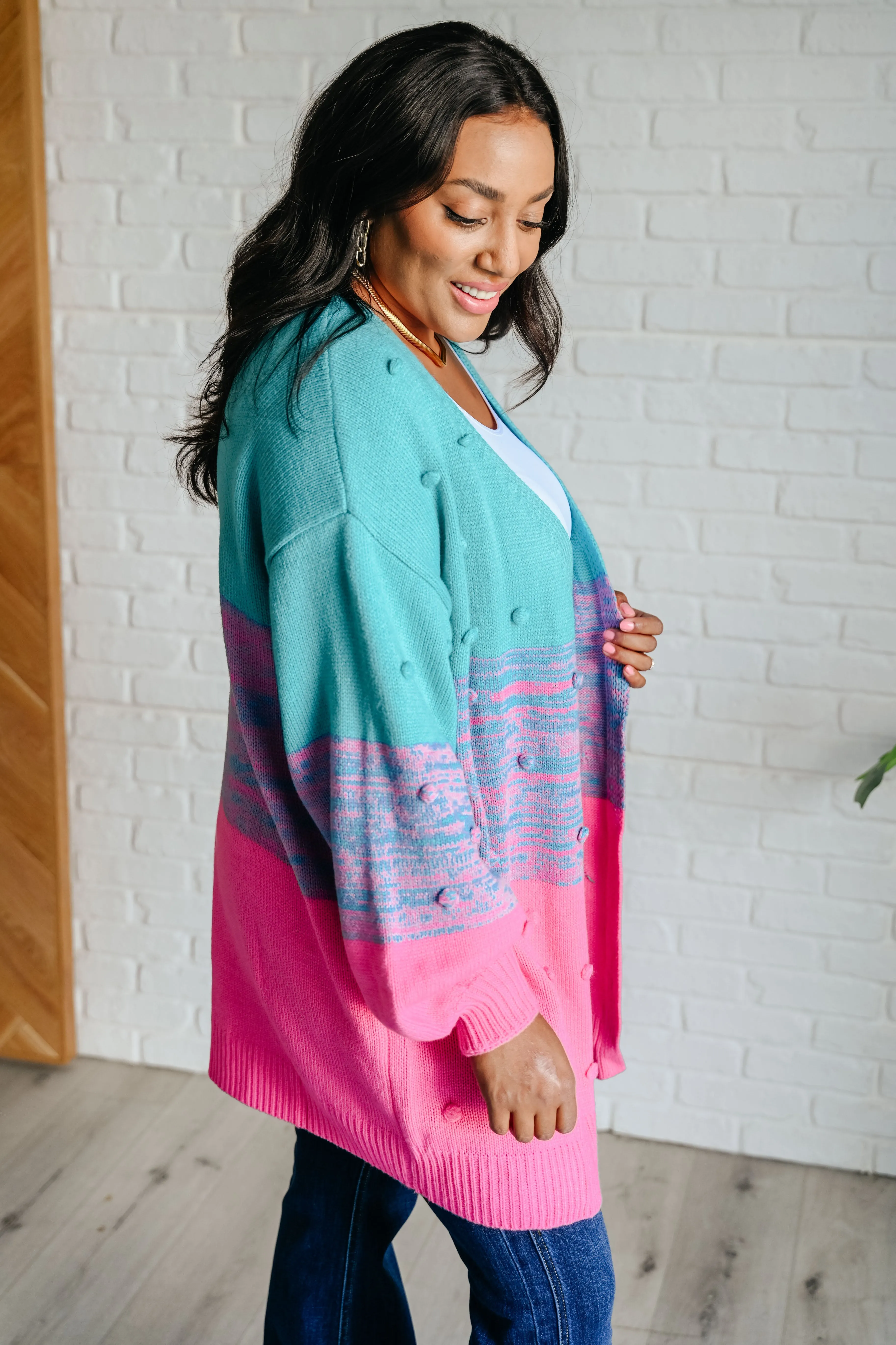 BiBi Turquoise &  Pink Pompom When We're Grooving Open Front Cardigan