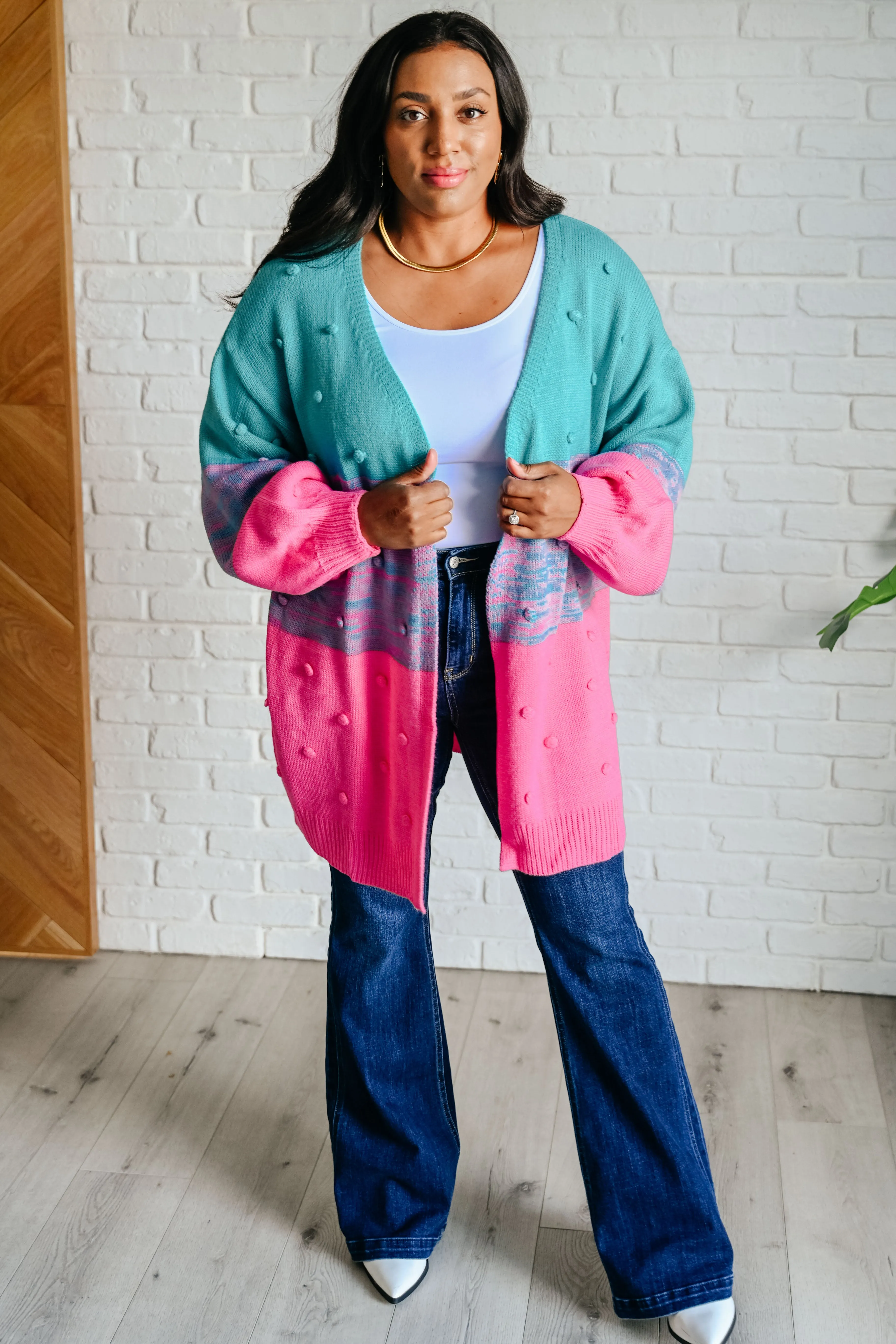BiBi Turquoise &  Pink Pompom When We're Grooving Open Front Cardigan