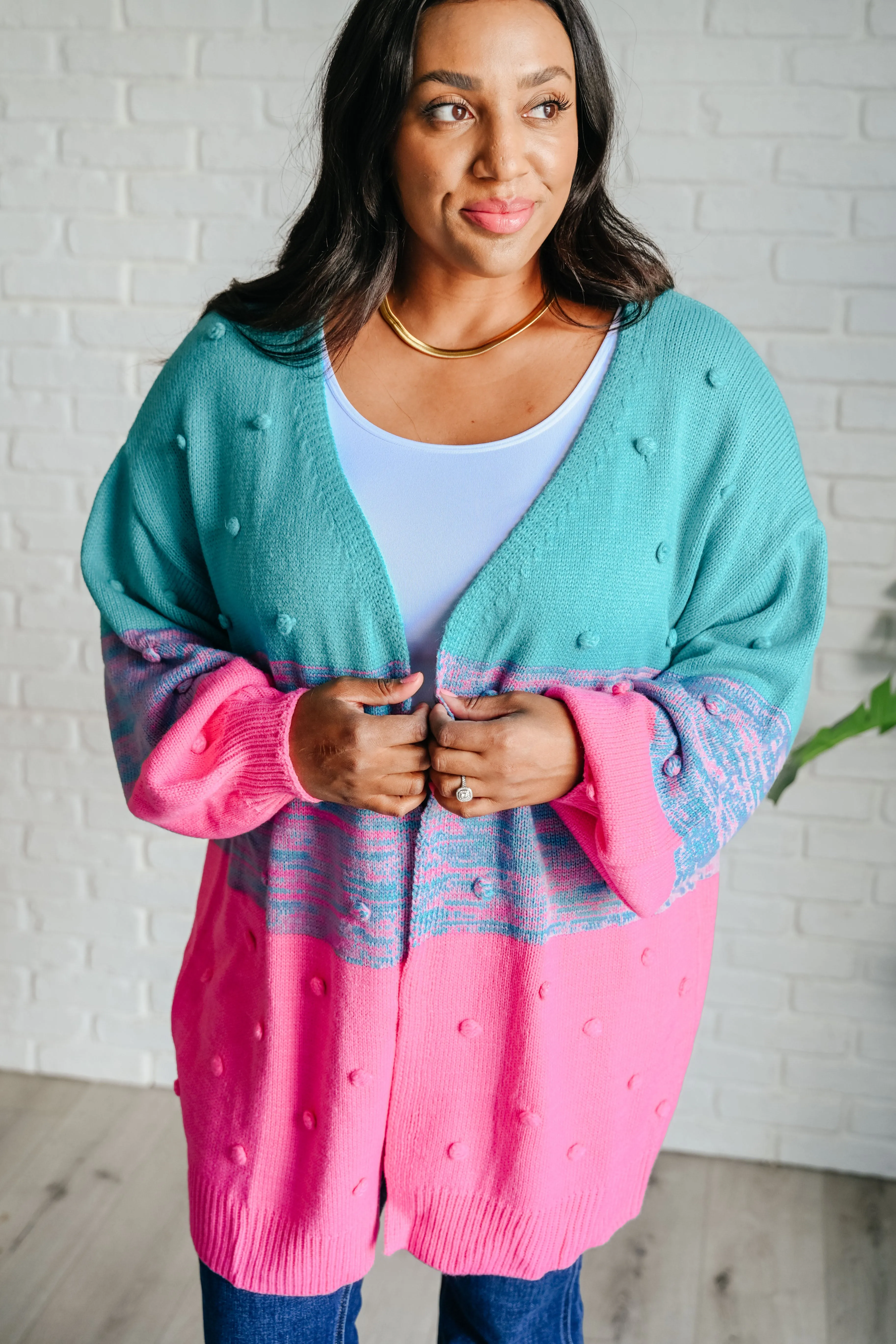 BiBi Turquoise &  Pink Pompom When We're Grooving Open Front Cardigan