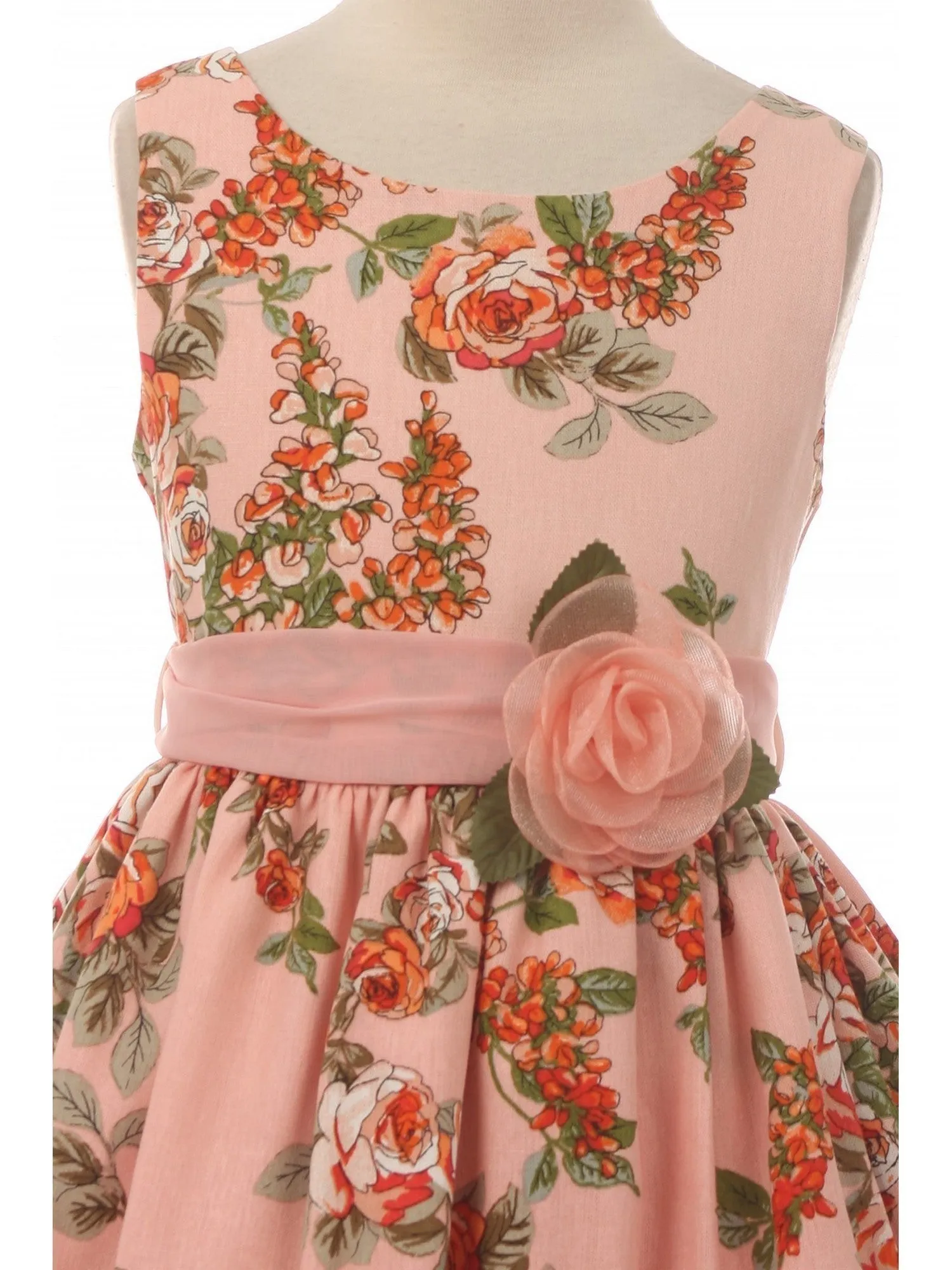 Big Girls Blush Flower Print Linen Sleeveless Easter Dress 8-14