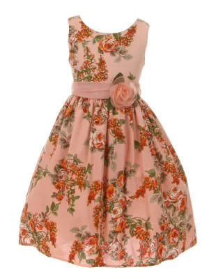 Big Girls Blush Flower Print Linen Sleeveless Easter Dress 8-14