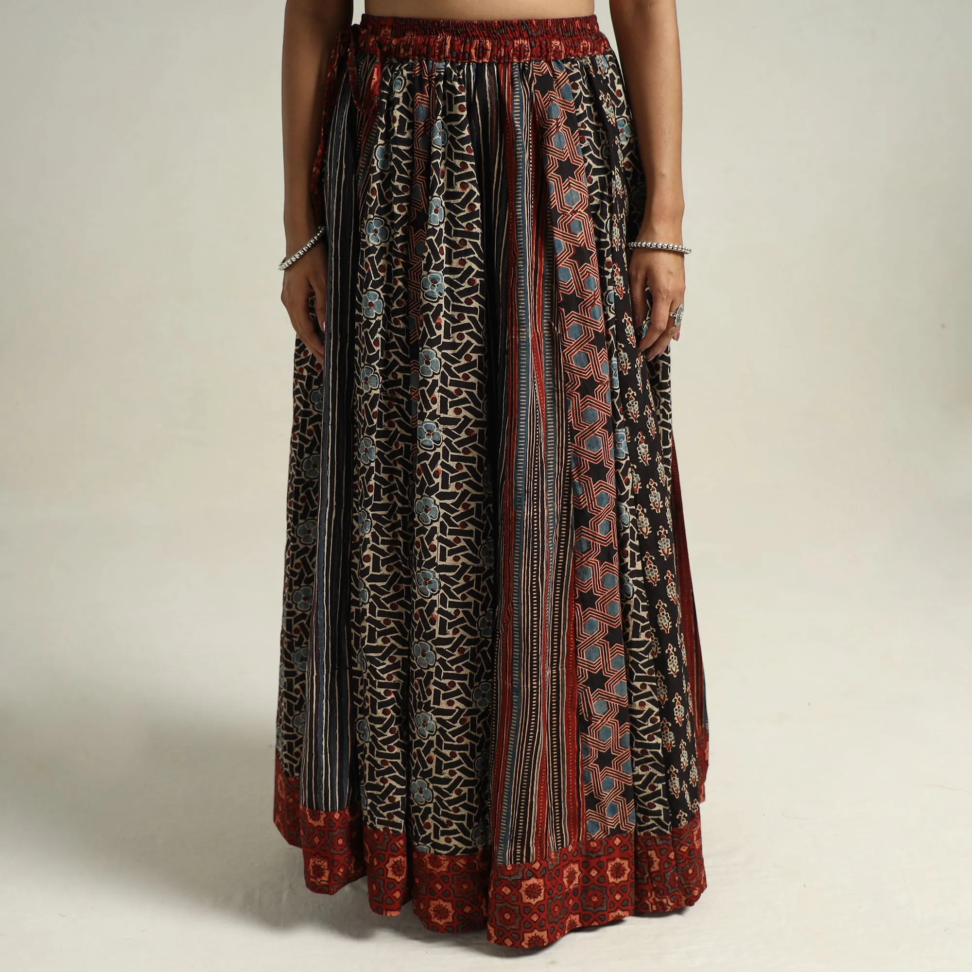 Black - Ajrakh Block Printed 24 Kali Patchwork Cotton Long Skirt 08