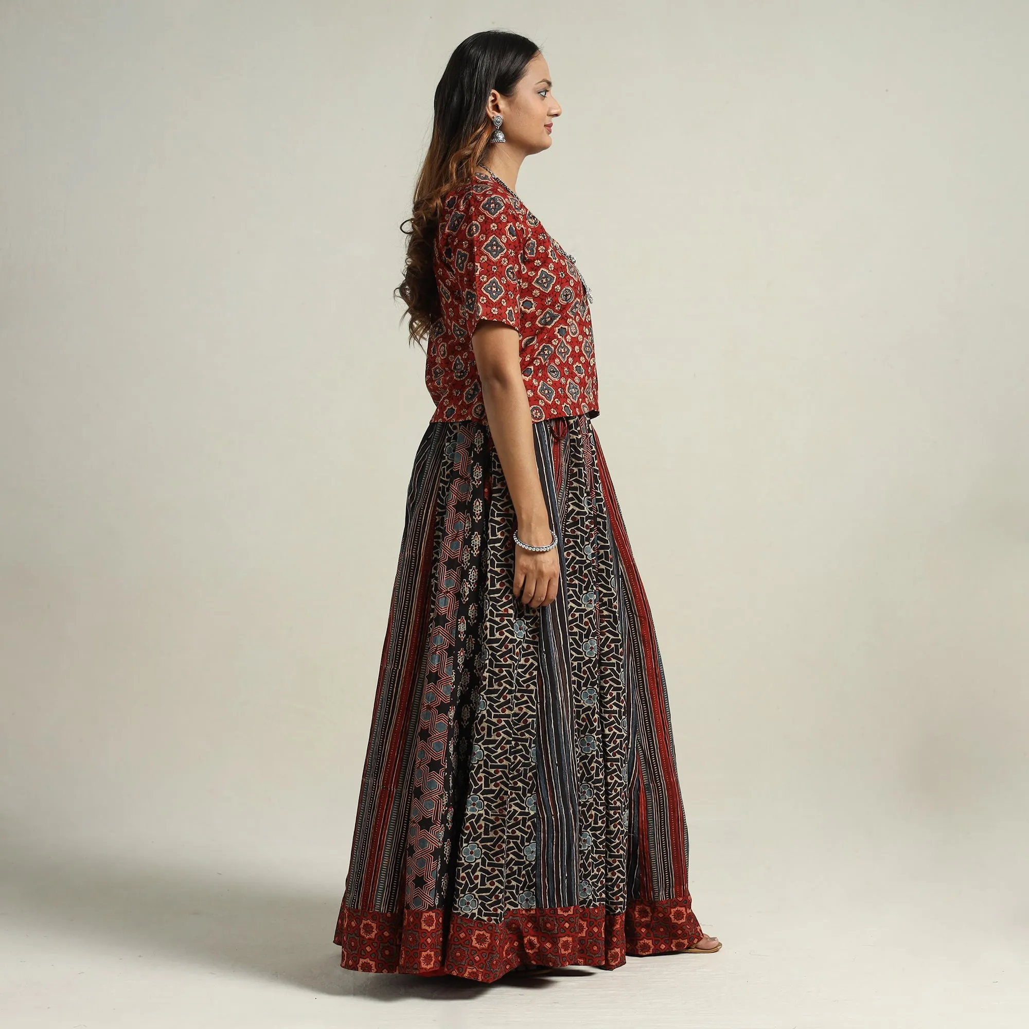 Black - Ajrakh Block Printed 24 Kali Patchwork Cotton Long Skirt 08
