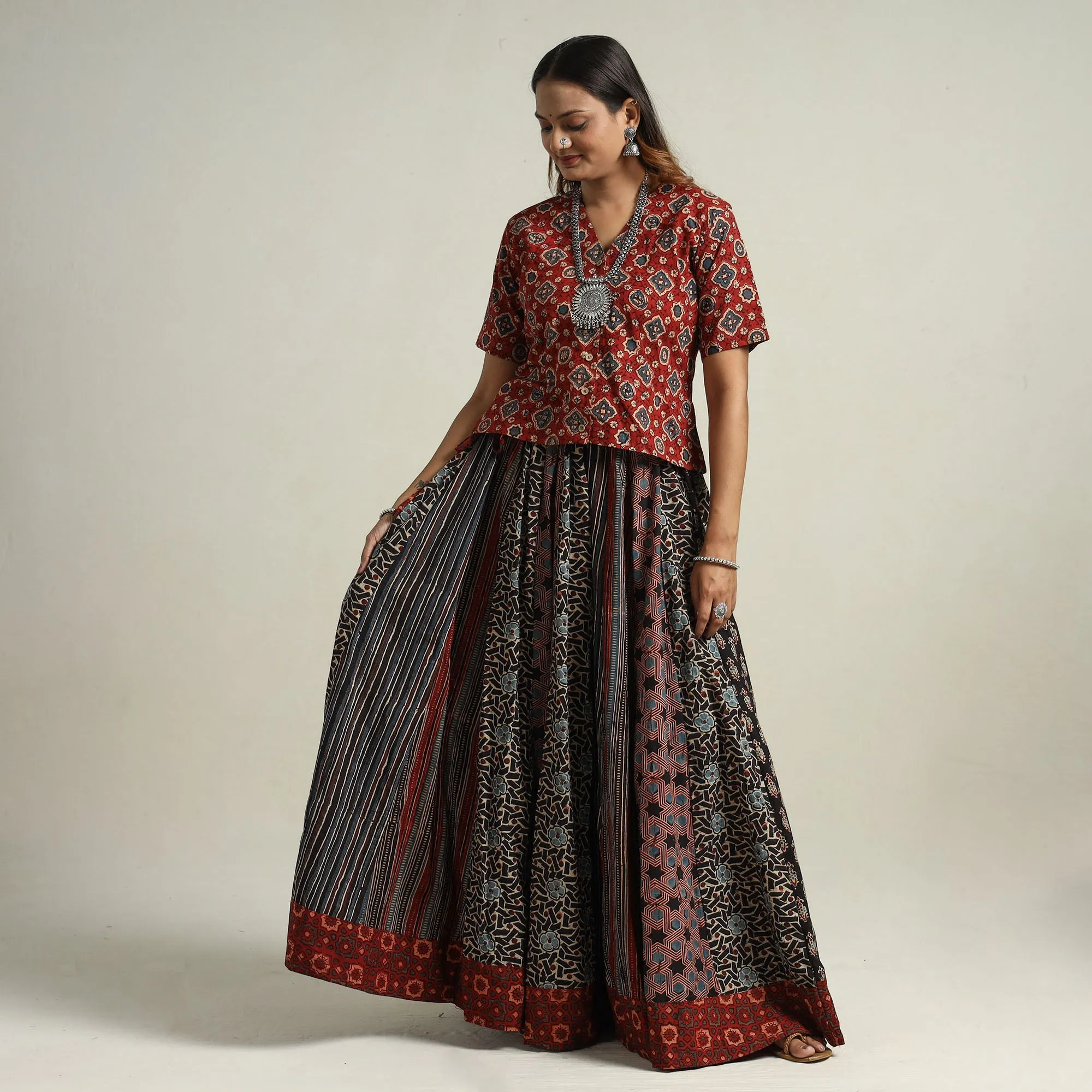 Black - Ajrakh Block Printed 24 Kali Patchwork Cotton Long Skirt 08