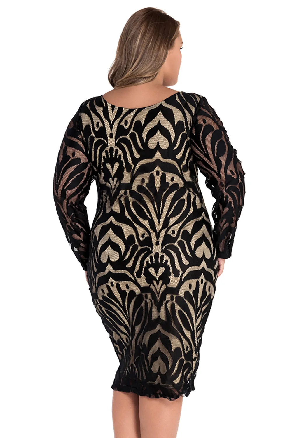Black Plus Victorian Net Nude Illusion Long Sleeves Dress