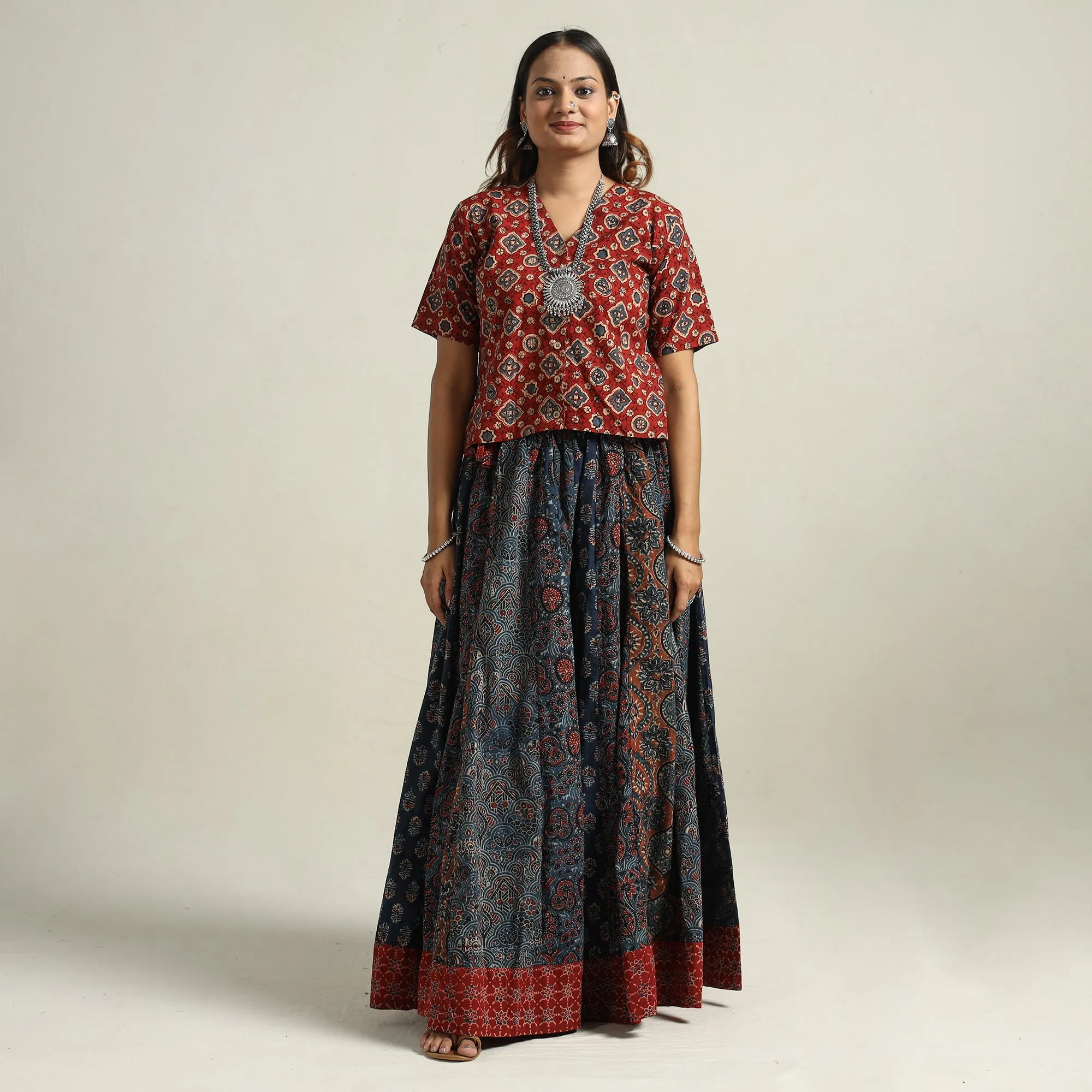 Blue - Ajrakh Block Printed 24 Kali Patchwork Cotton Long Skirt 18