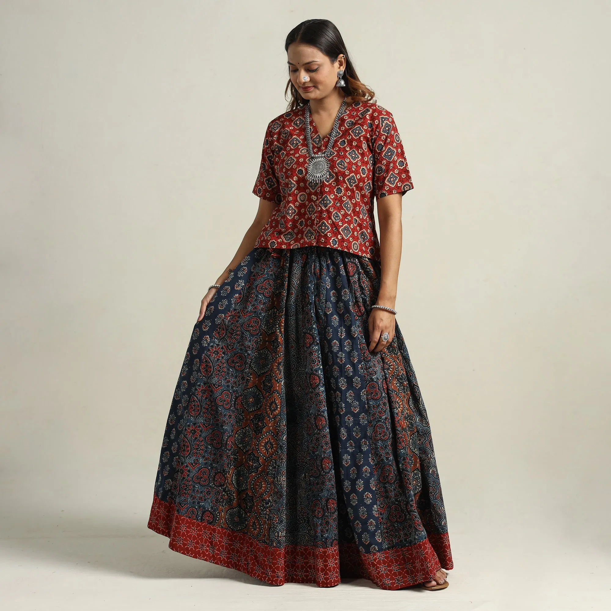 Blue - Ajrakh Block Printed 24 Kali Patchwork Cotton Long Skirt 18