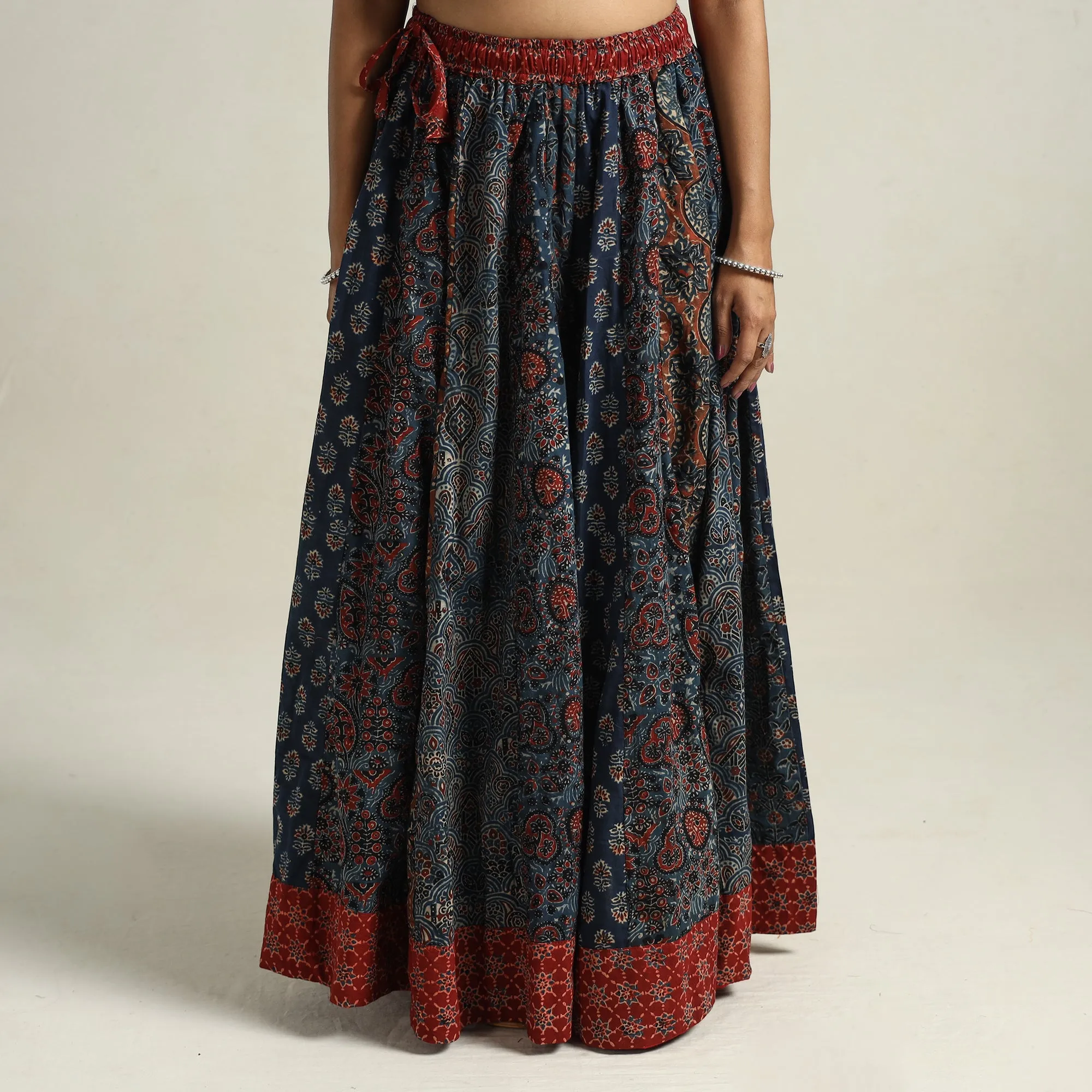 Blue - Ajrakh Block Printed 24 Kali Patchwork Cotton Long Skirt 18