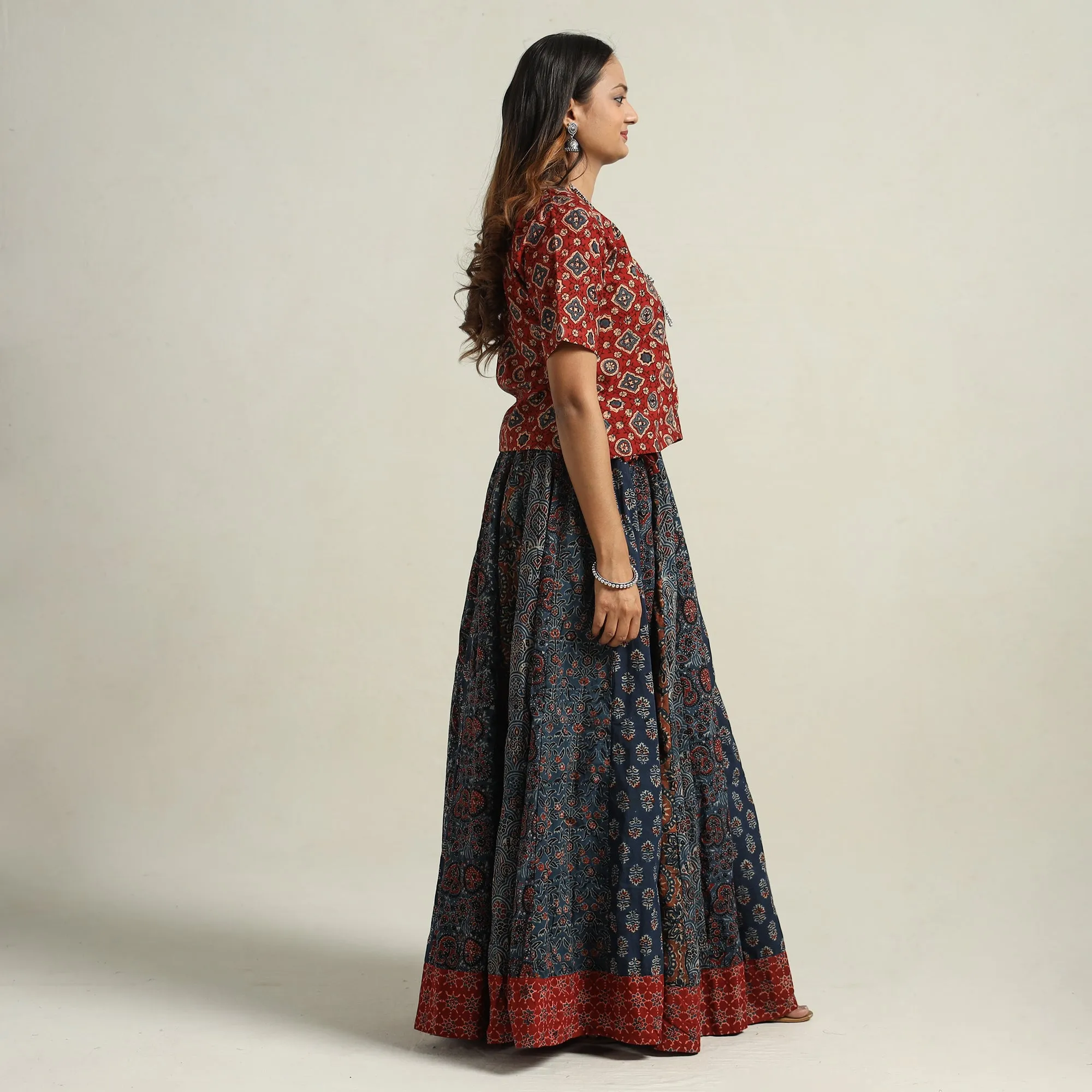 Blue - Ajrakh Block Printed 24 Kali Patchwork Cotton Long Skirt 18