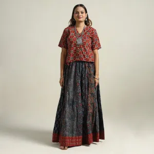 Blue - Ajrakh Block Printed 24 Kali Patchwork Cotton Long Skirt 18