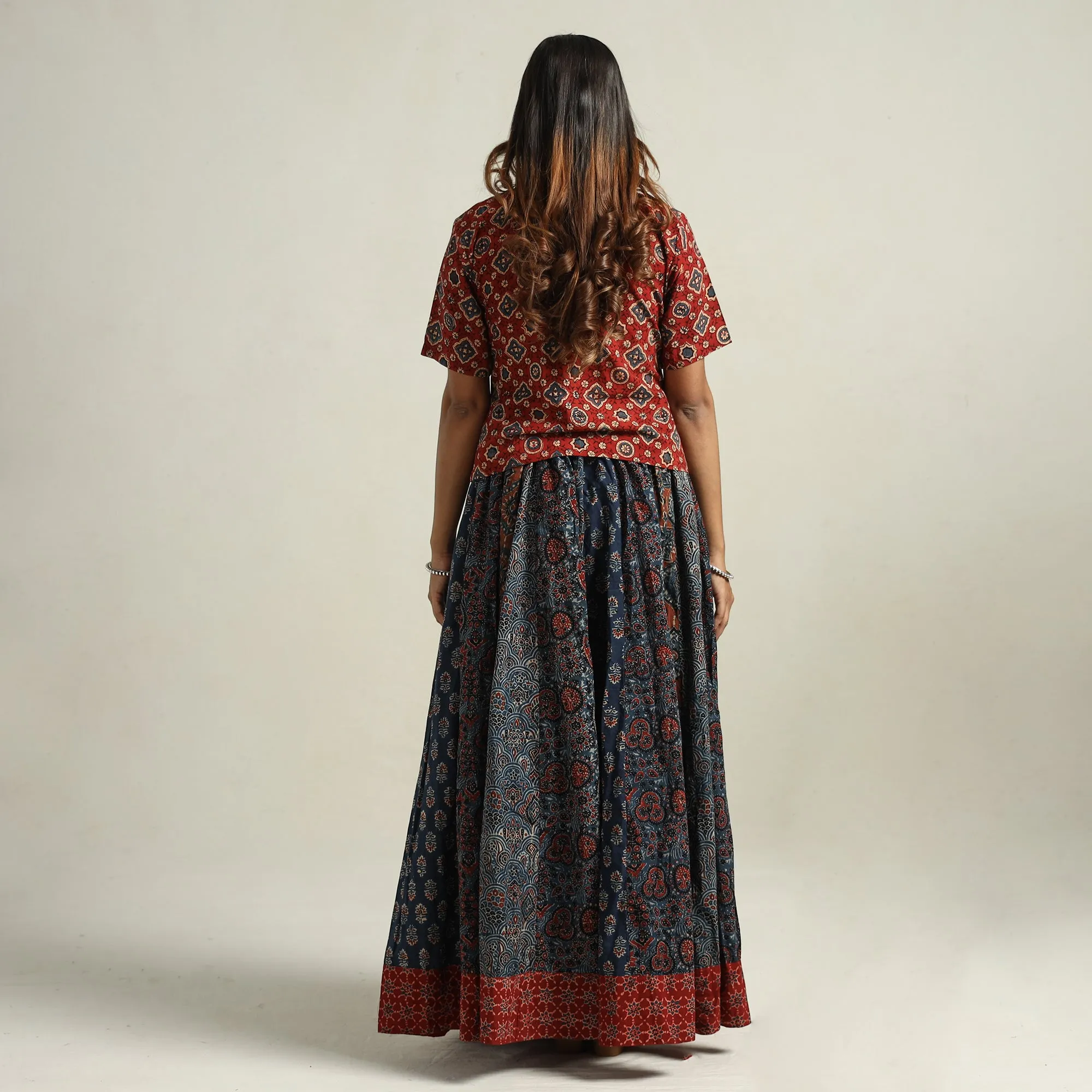 Blue - Ajrakh Block Printed 24 Kali Patchwork Cotton Long Skirt 18