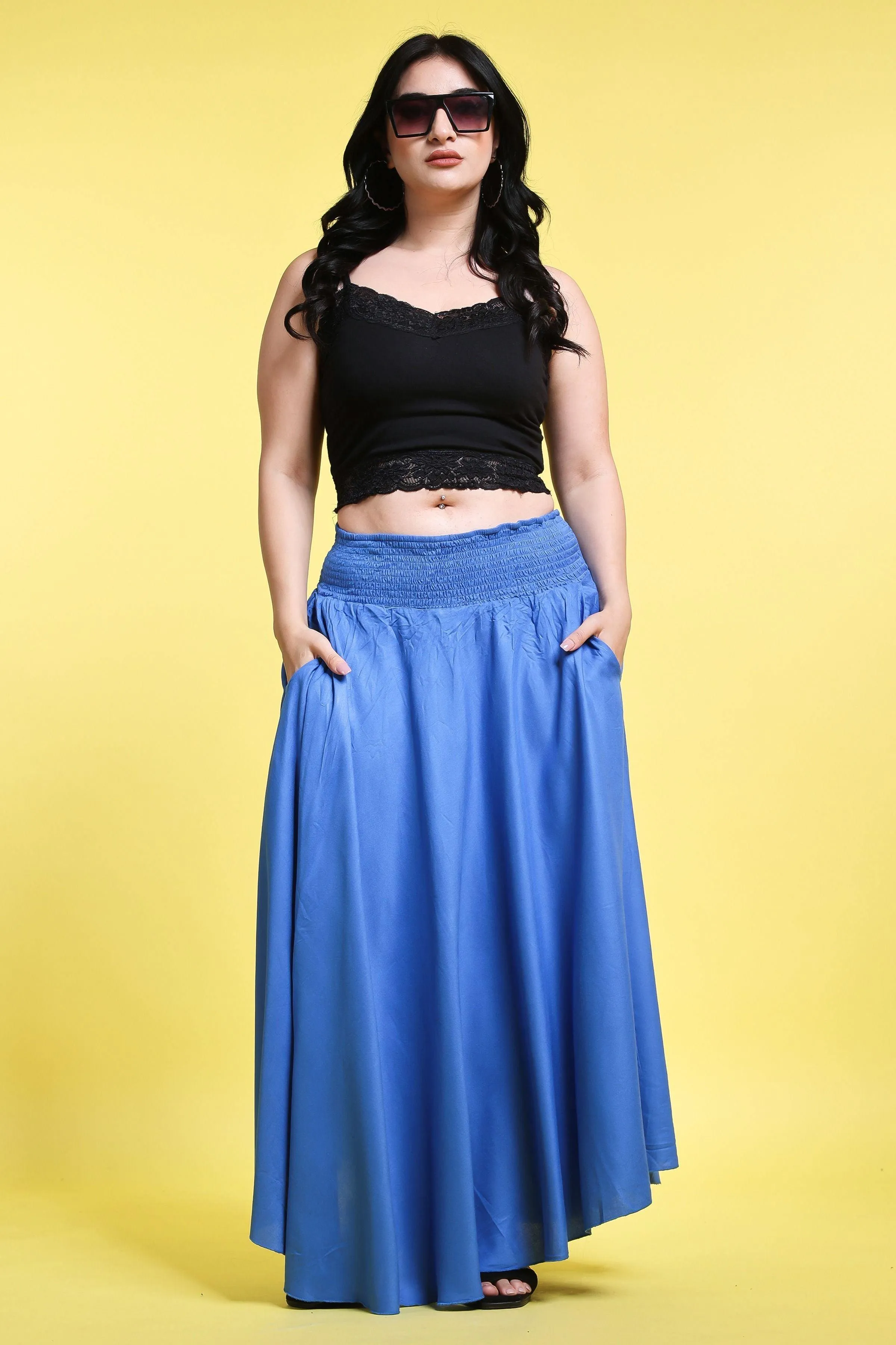 Blue Solid Long Skirt