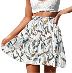 Boho Flowy Midi Skirt for Womens Summer Casual Trendy Elastic Waist Drawstring Beach Short Skirt Tiered Maxi Skirts