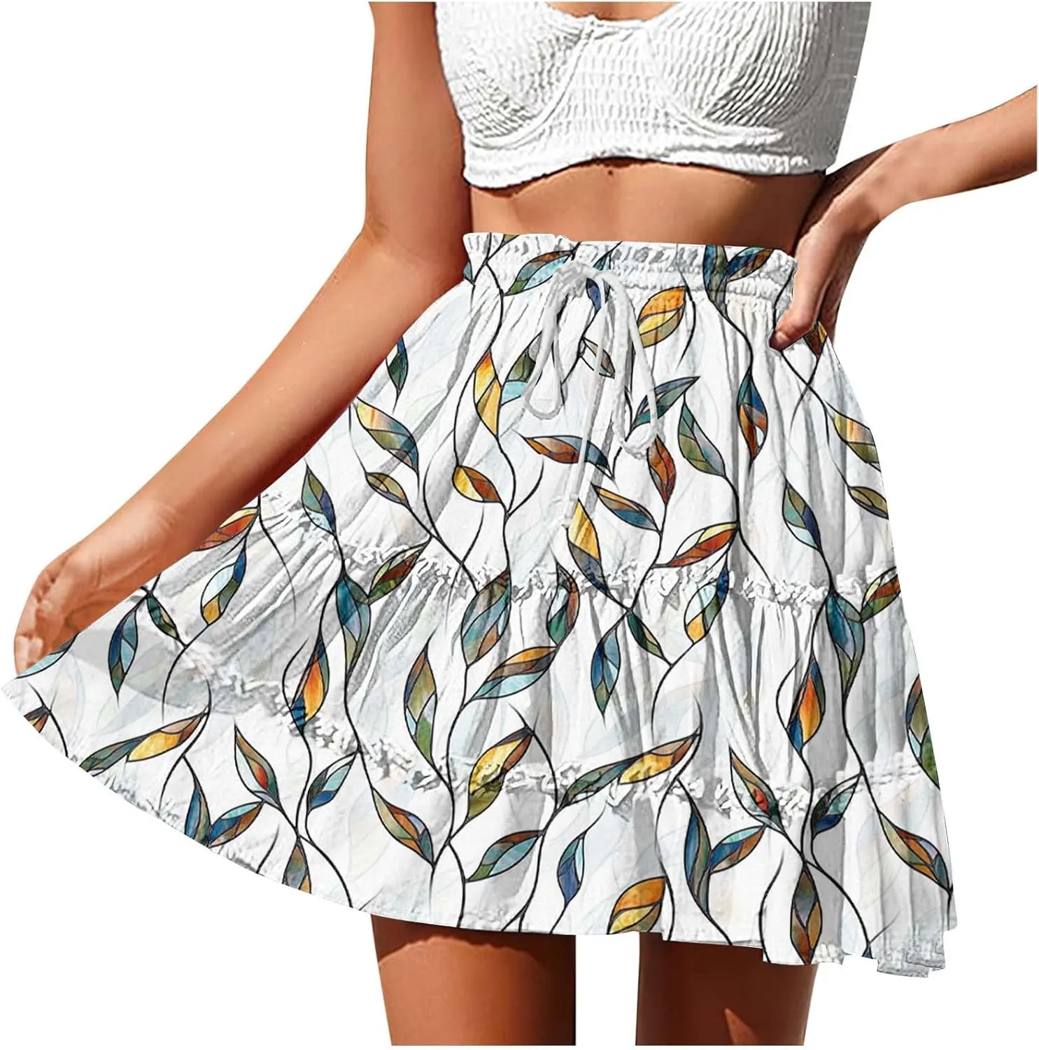 Boho Flowy Midi Skirt for Womens Summer Casual Trendy Elastic Waist Drawstring Beach Short Skirt Tiered Maxi Skirts