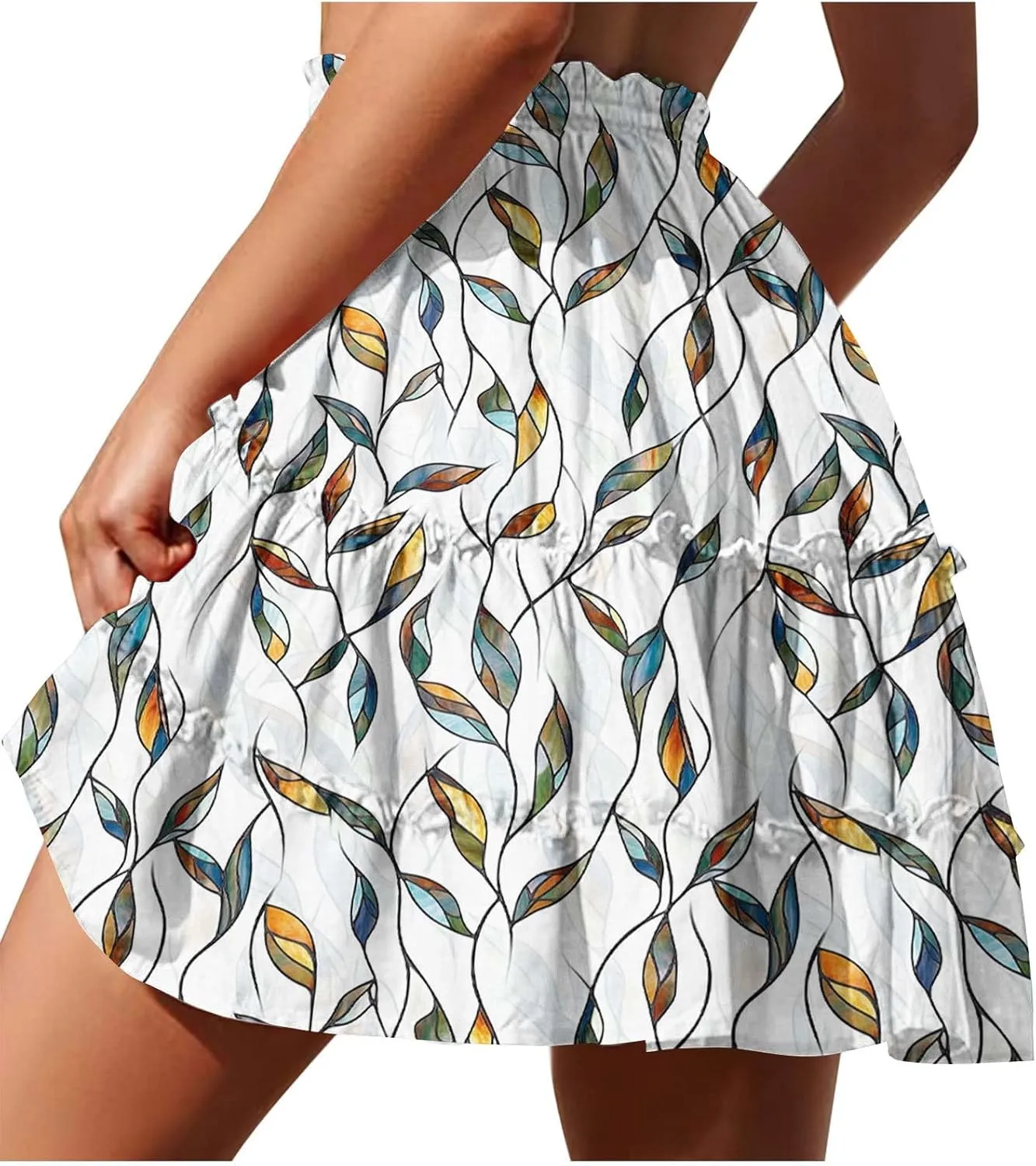 Boho Flowy Midi Skirt for Womens Summer Casual Trendy Elastic Waist Drawstring Beach Short Skirt Tiered Maxi Skirts