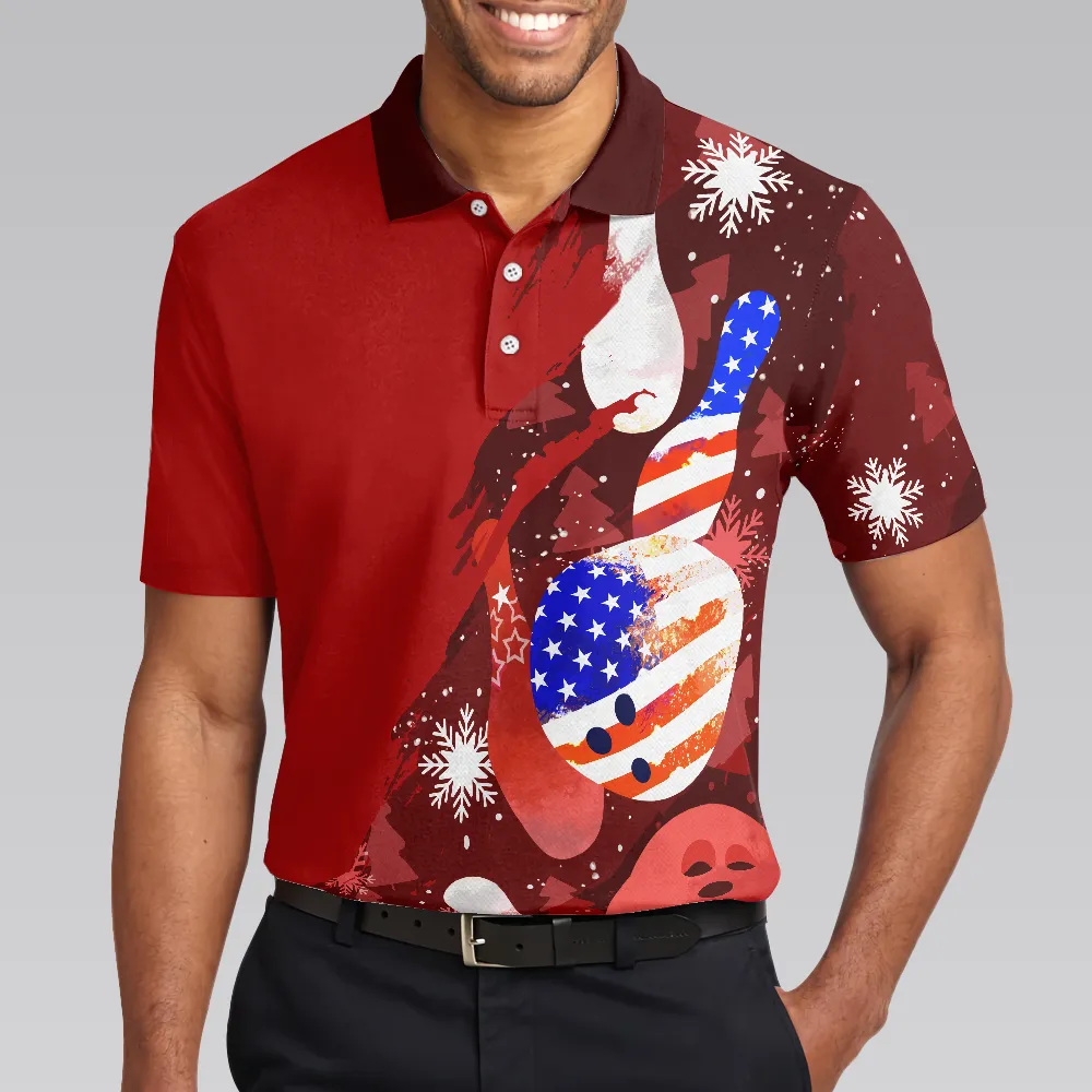 Bowling Men Polo Shirt - American Flag Christmas Bowling Ball and Pins Men Polo Shirt - Perfect Gift For Friend, Family, Bowling Lovers