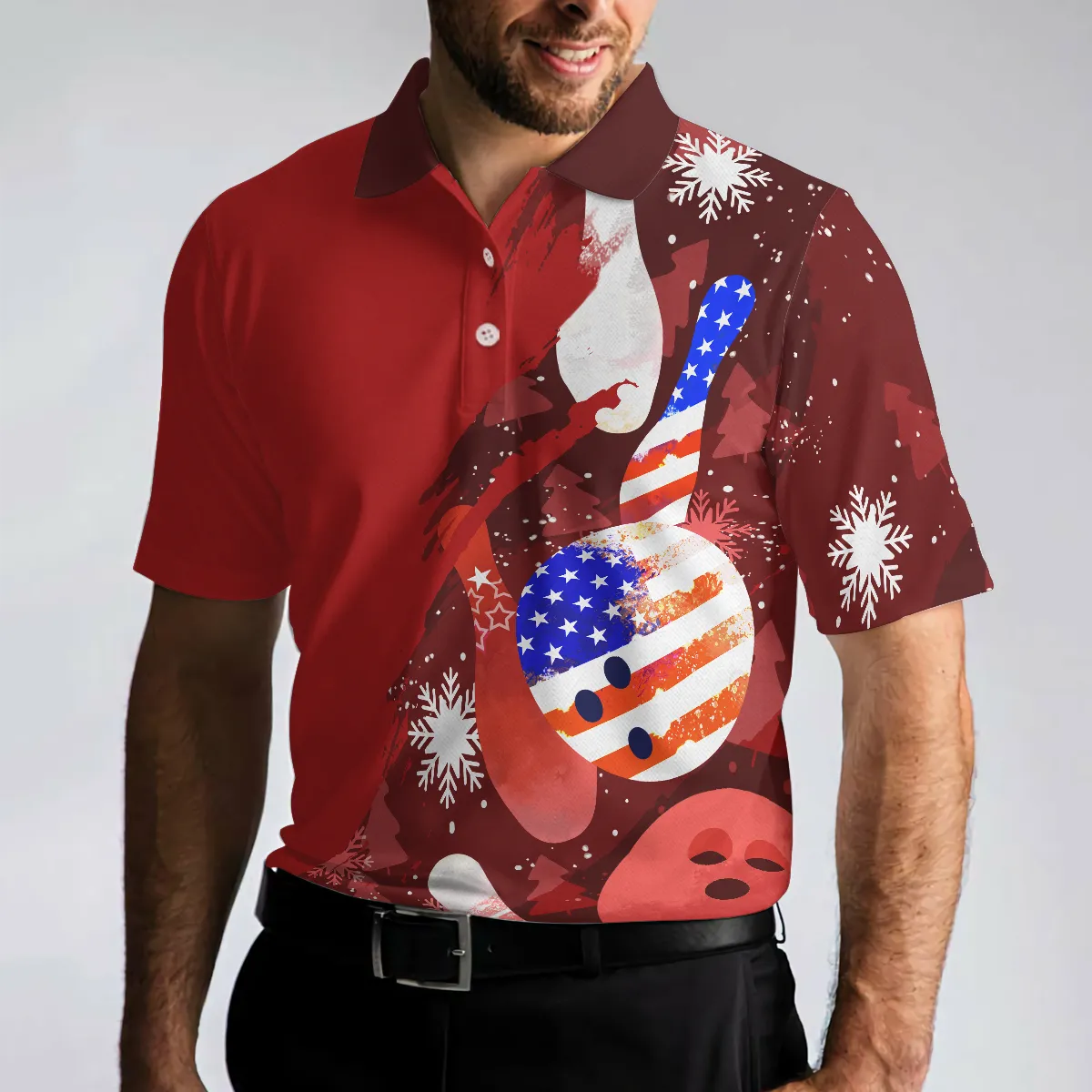 Bowling Men Polo Shirt - American Flag Christmas Bowling Ball and Pins Men Polo Shirt - Perfect Gift For Friend, Family, Bowling Lovers