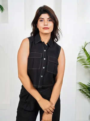 Boxy Black Cotton Solid Shirt