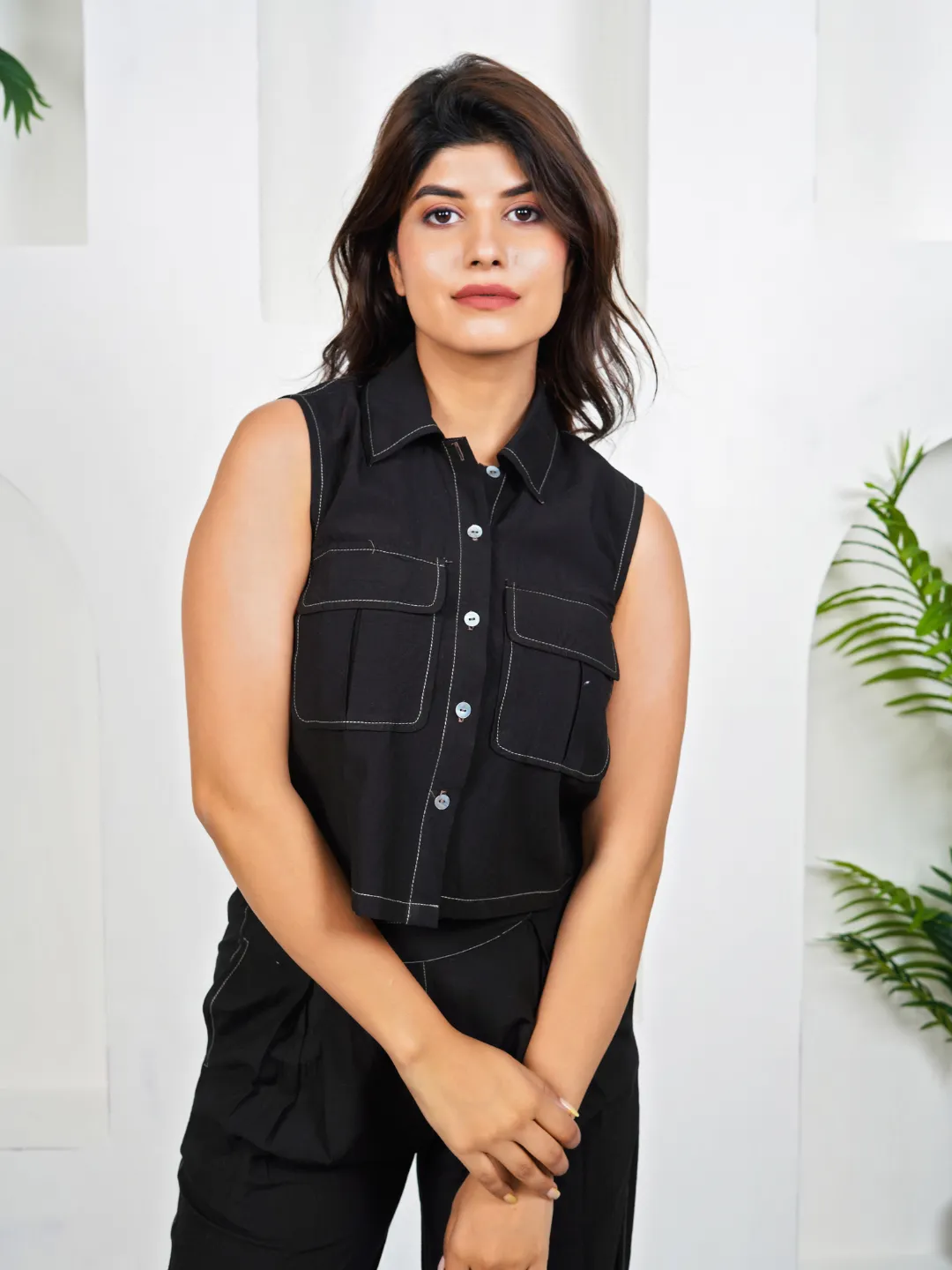 Boxy Black Cotton Solid Shirt