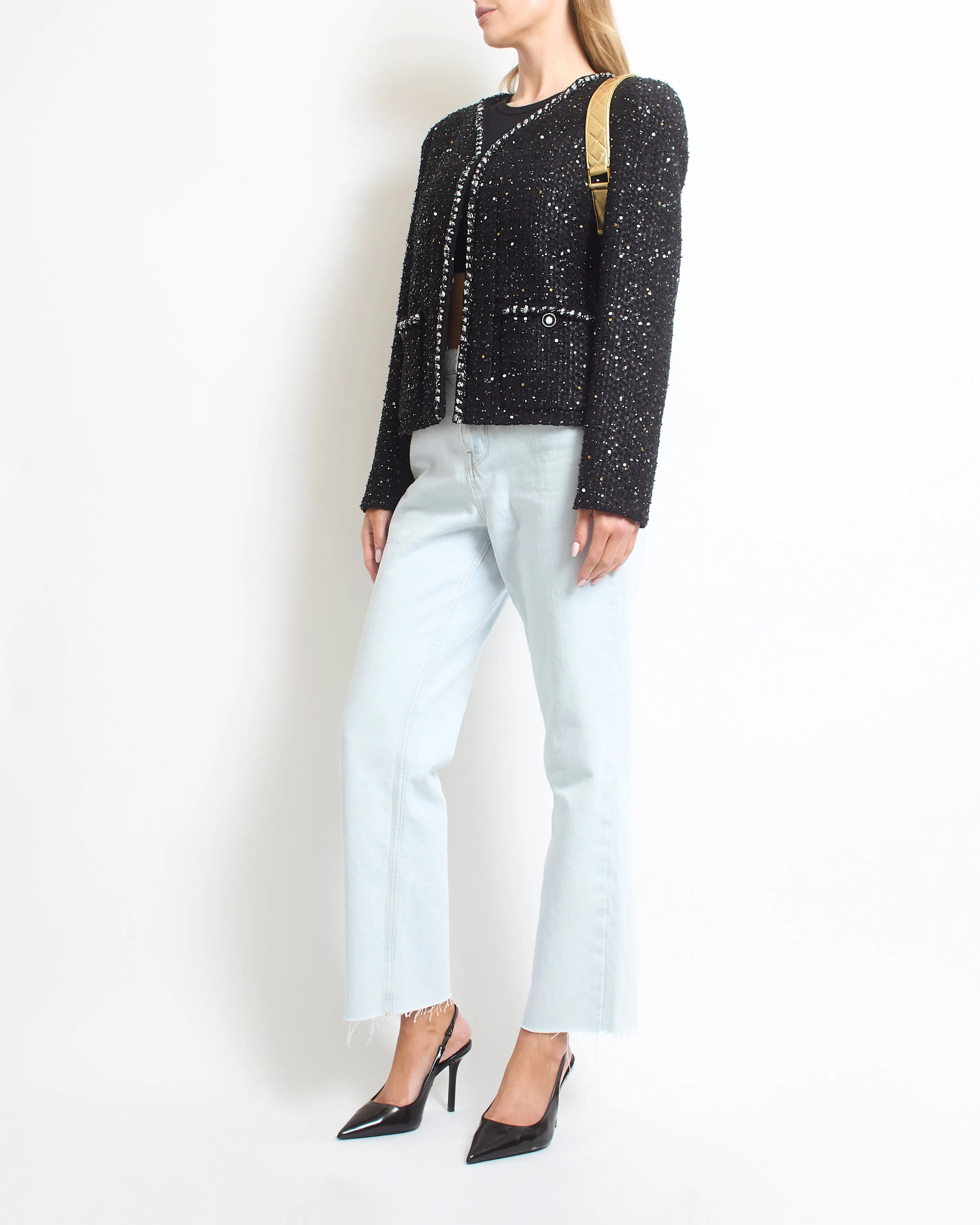 Chanel Ss/2022 Black Sequin Jacket With Pocket Detail Fr 44 (uk 16)
