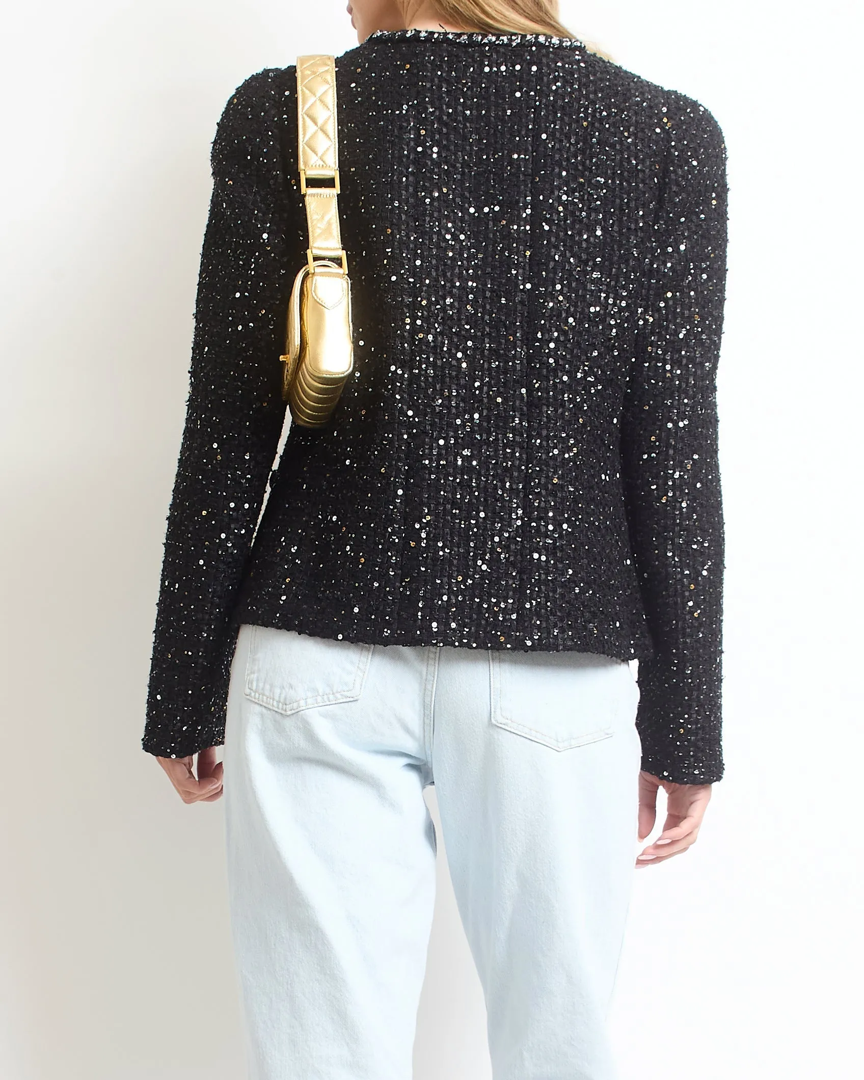 Chanel Ss/2022 Black Sequin Jacket With Pocket Detail Fr 44 (uk 16)