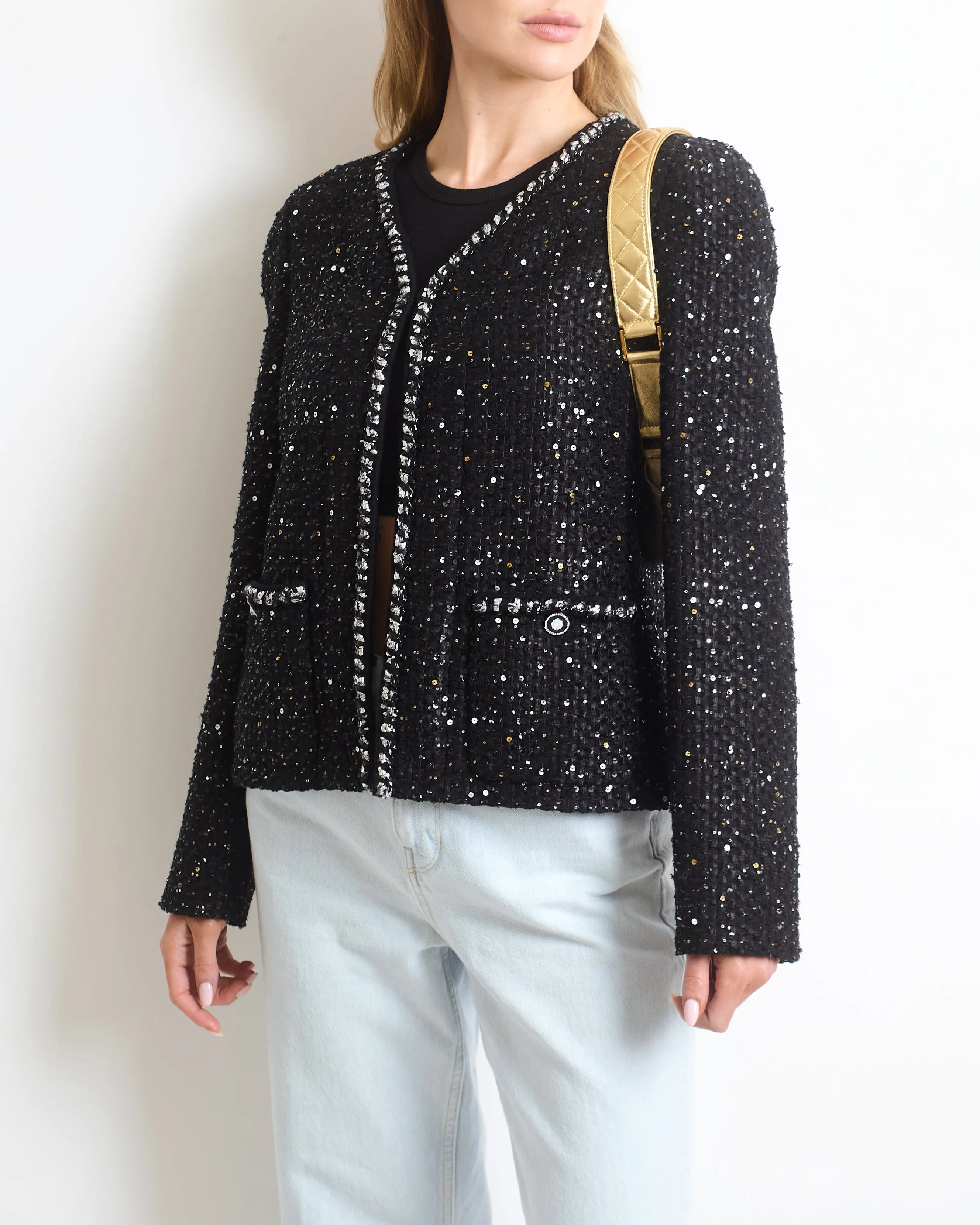 Chanel Ss/2022 Black Sequin Jacket With Pocket Detail Fr 44 (uk 16)