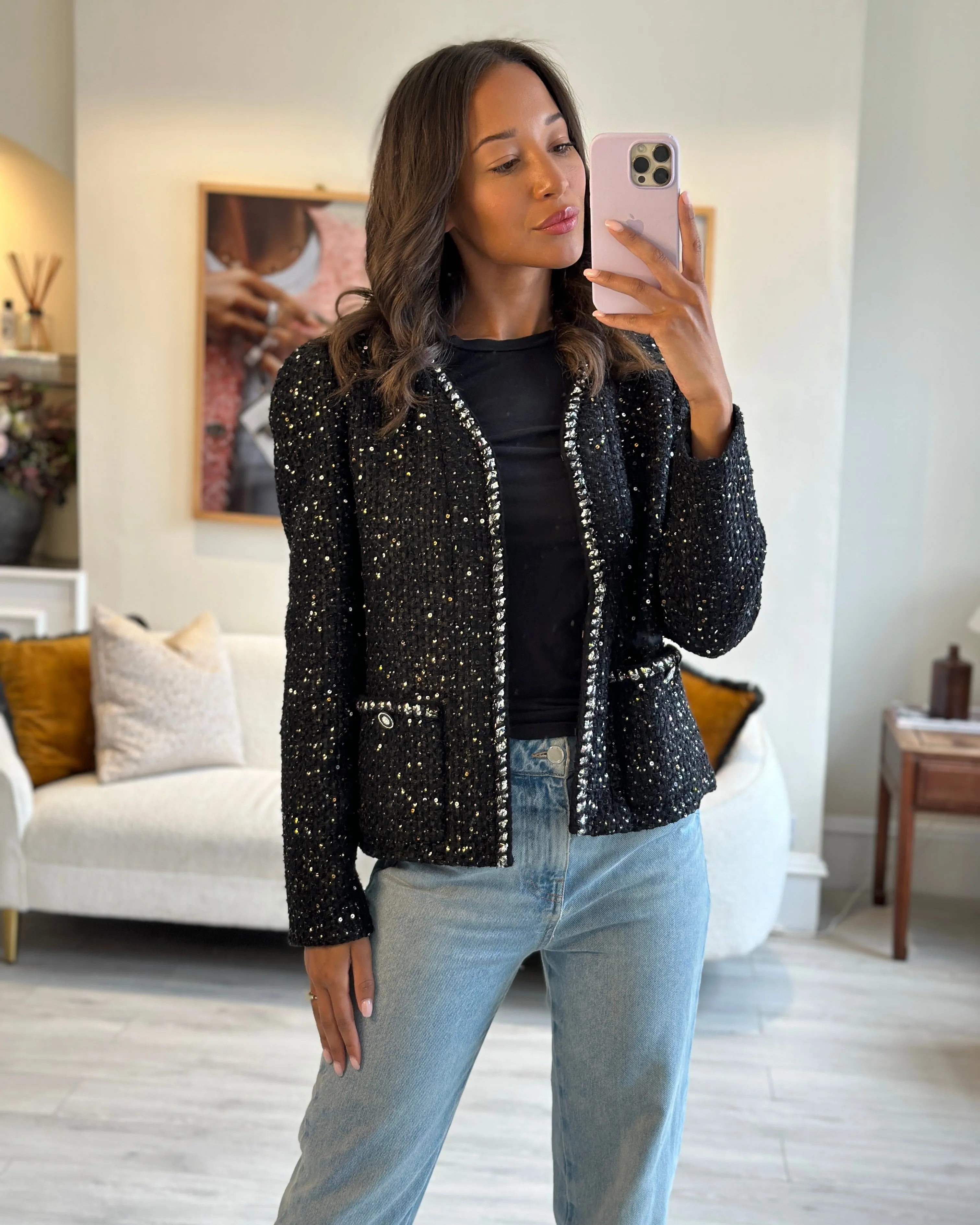 Chanel Ss/2022 Black Sequin Jacket With Pocket Detail Fr 44 (uk 16)