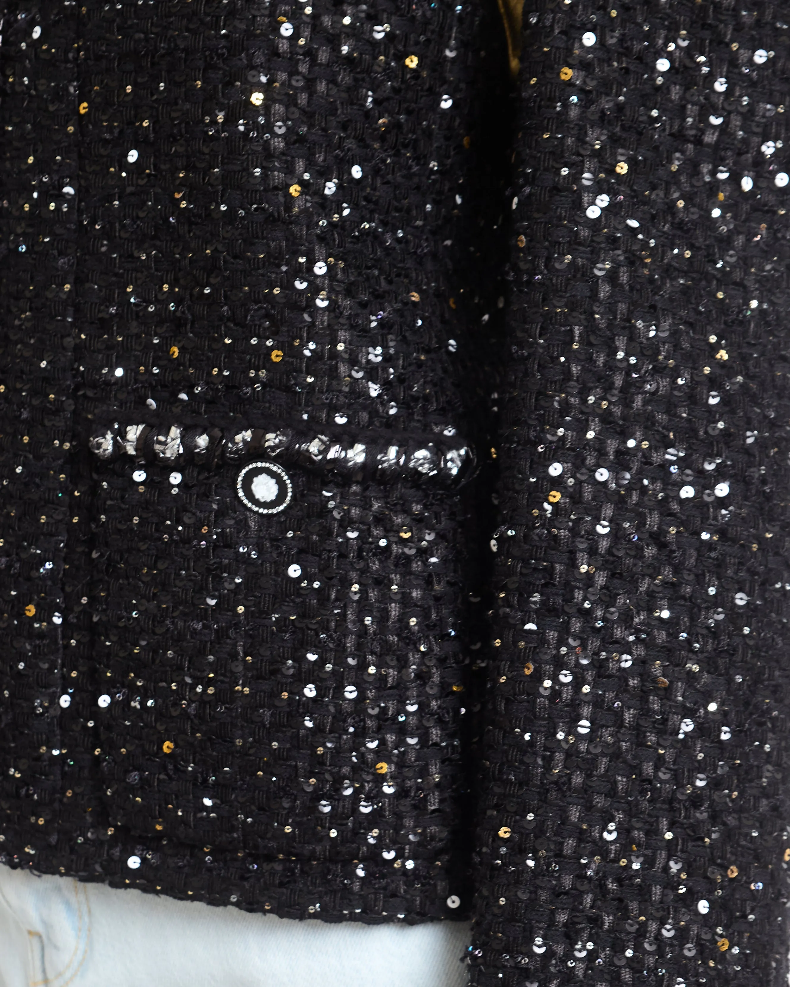 Chanel Ss/2022 Black Sequin Jacket With Pocket Detail Fr 44 (uk 16)
