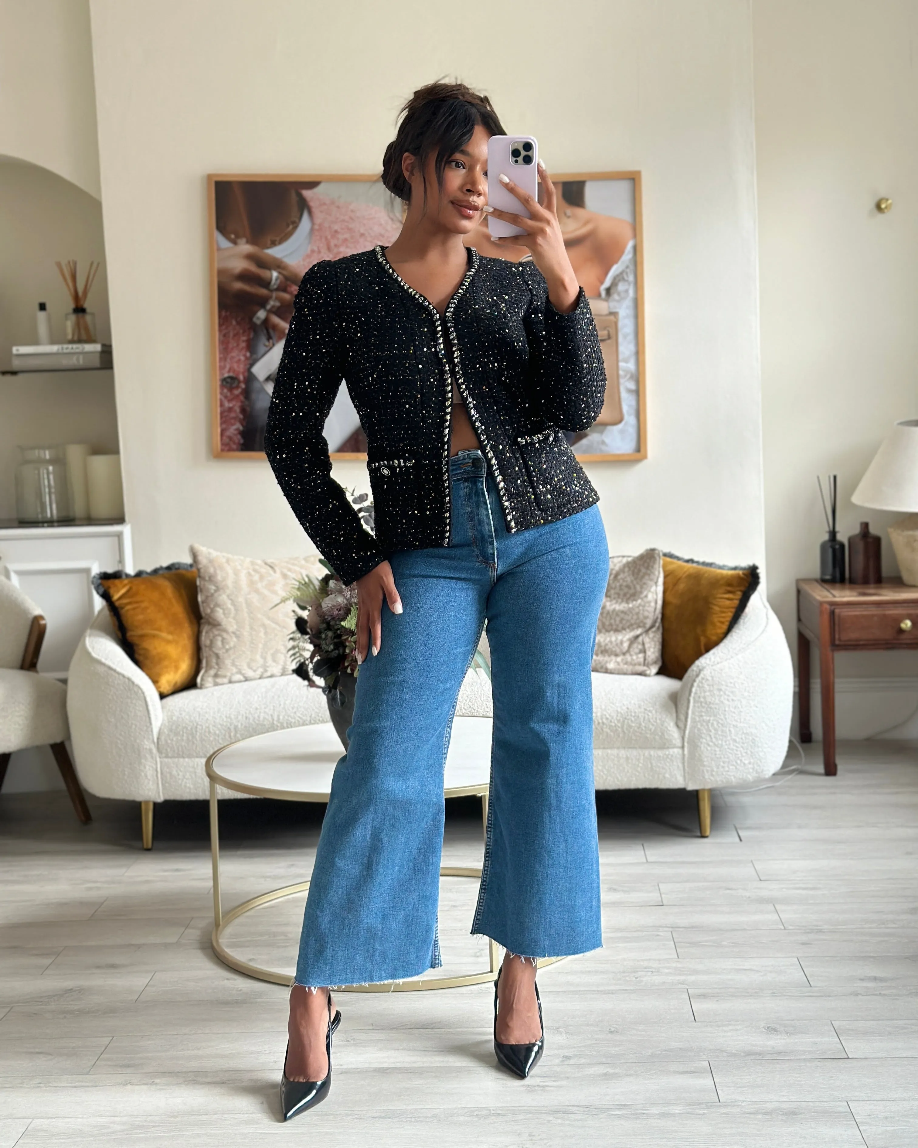 Chanel Ss/2022 Black Sequin Jacket With Pocket Detail Fr 44 (uk 16)