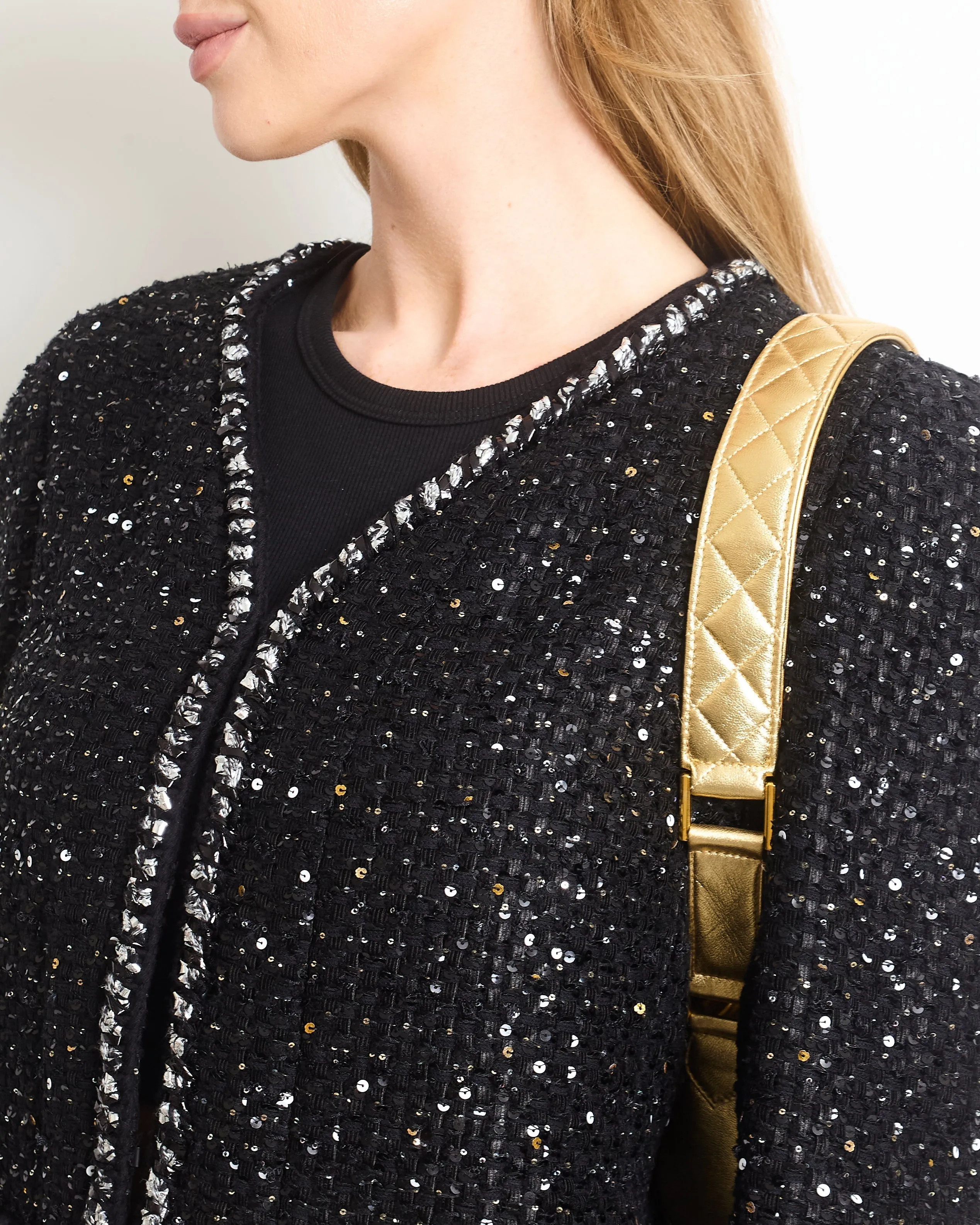 Chanel Ss/2022 Black Sequin Jacket With Pocket Detail Fr 44 (uk 16)
