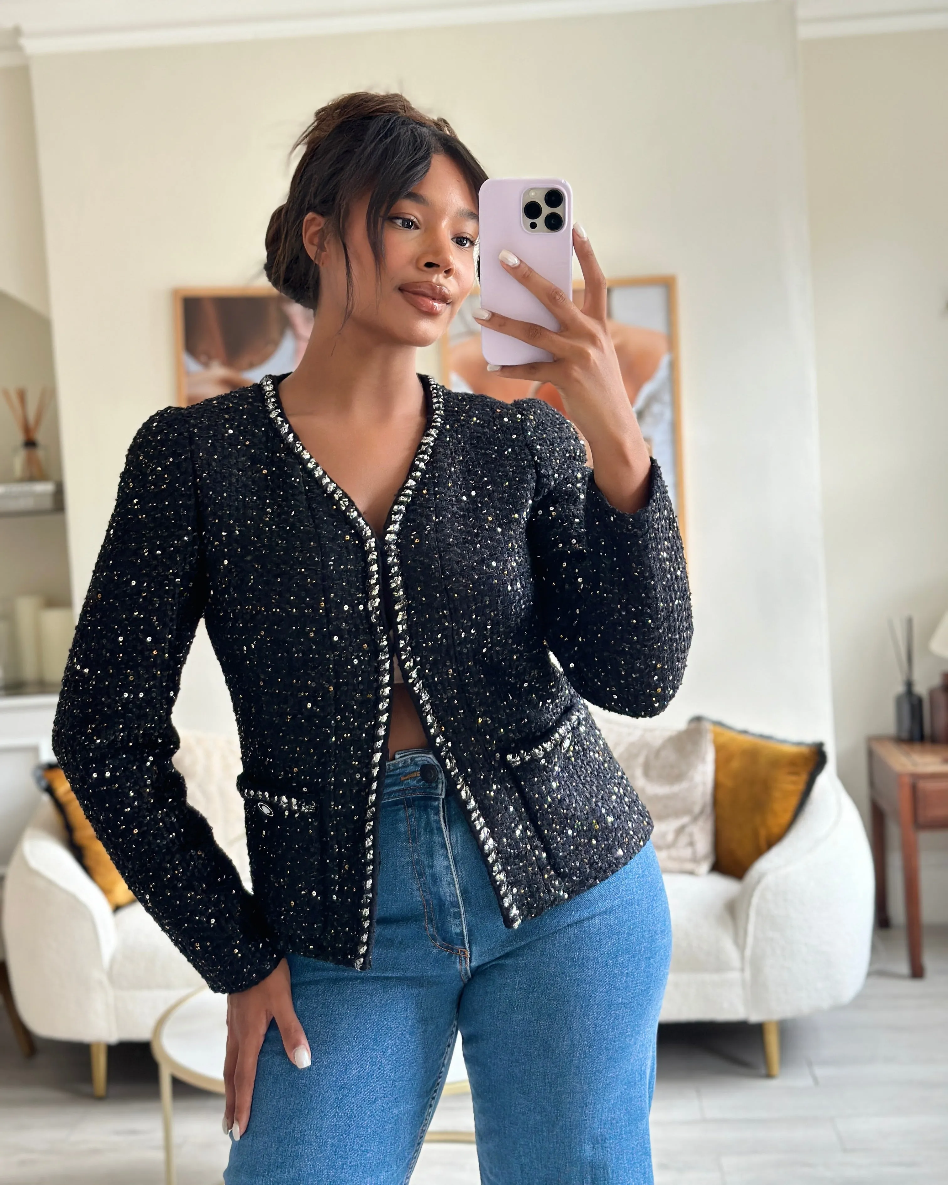 Chanel Ss/2022 Black Sequin Jacket With Pocket Detail Fr 44 (uk 16)
