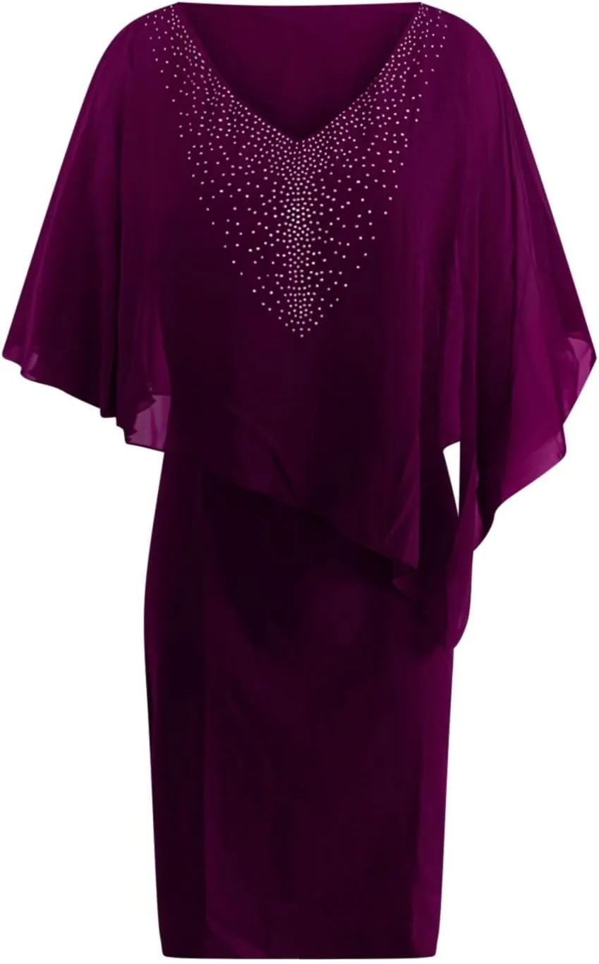 Chiffon Dress for Women Mesh V Neck Night Out Dresses Rhinestone Printed Lightweight Soft Smooth Short Sleeve Dress
