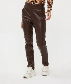 Chocolate Brown Vegan Leather Trouser with Elasticated Waistband