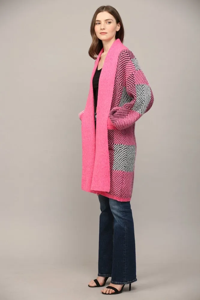 Color Block Shawl Collar Open Cardigan Pink