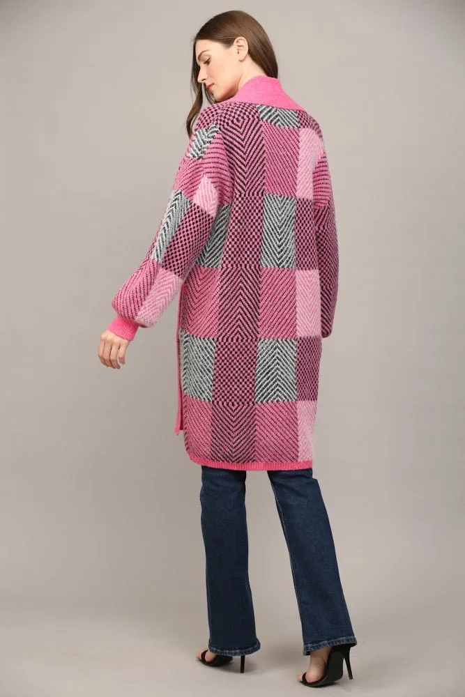 Color Block Shawl Collar Open Cardigan Pink