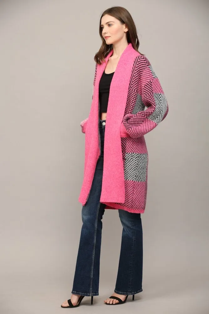 Color Block Shawl Collar Open Cardigan Pink