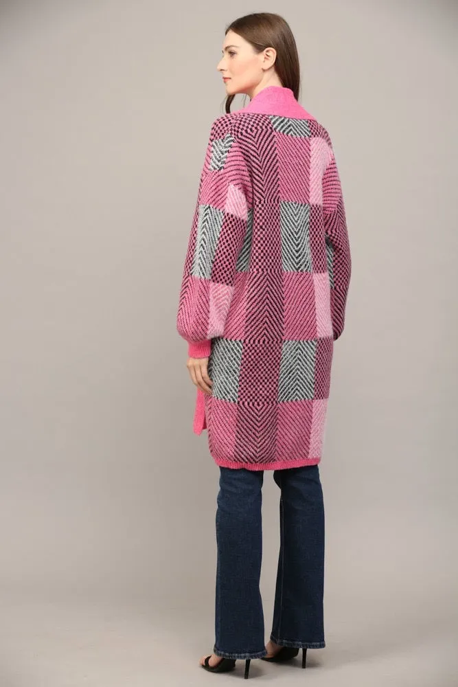 Color Block Shawl Collar Open Cardigan Pink