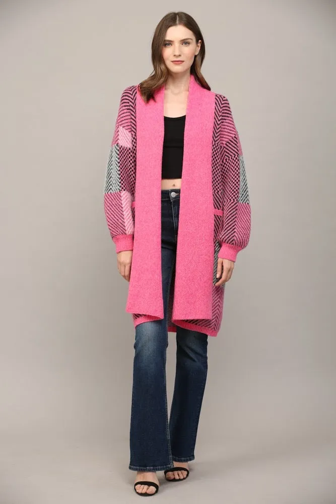 Color Block Shawl Collar Open Cardigan Pink