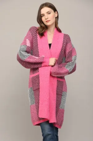 Color Block Shawl Collar Open Cardigan Pink