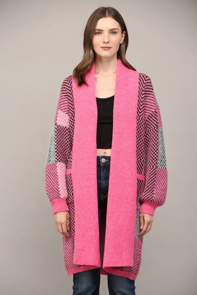 Color Block Shawl Collar Open Cardigan Pink