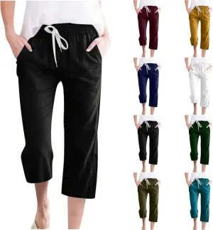 Cotton Linen Capris for Women Casual Summer High Waisted Wide Leg Capri Pants Lightweight Loose Cropped Trousers Solid
