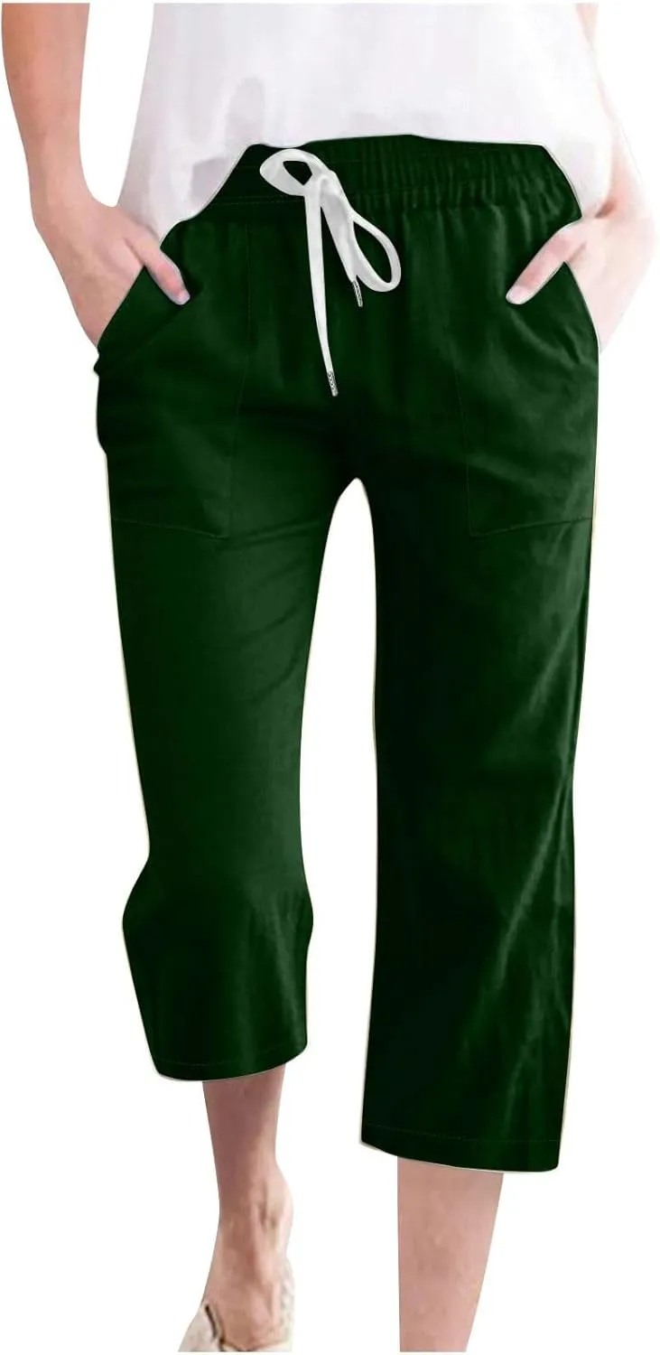 Cotton Linen Capris for Women Casual Summer High Waisted Wide Leg Capri Pants Lightweight Loose Cropped Trousers Solid