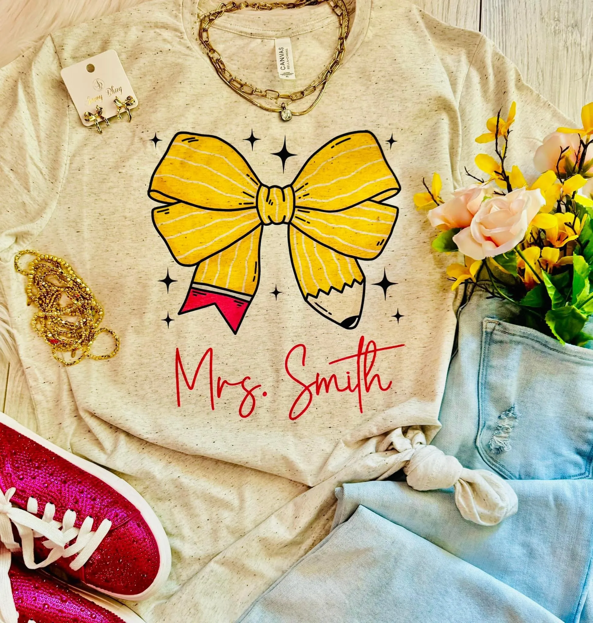 Custom Teacher Pencil Bow Graphic Tee