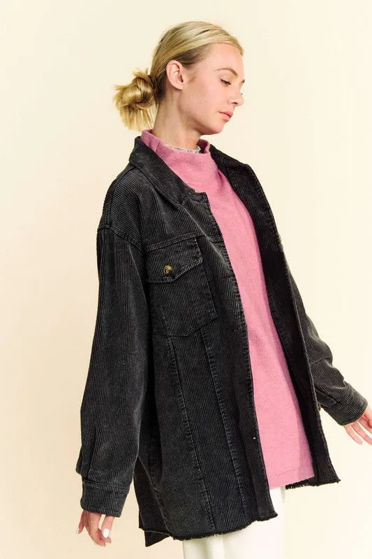 Davi & Dani Black Washed Corduroy Raw Hem Button Up Jacket