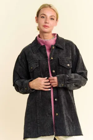 Davi & Dani Black Washed Corduroy Raw Hem Button Up Jacket