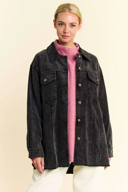 Davi & Dani Black Washed Corduroy Raw Hem Button Up Jacket