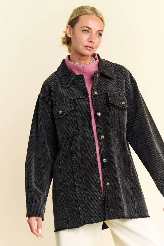 Davi & Dani Black Washed Corduroy Raw Hem Button Up Jacket